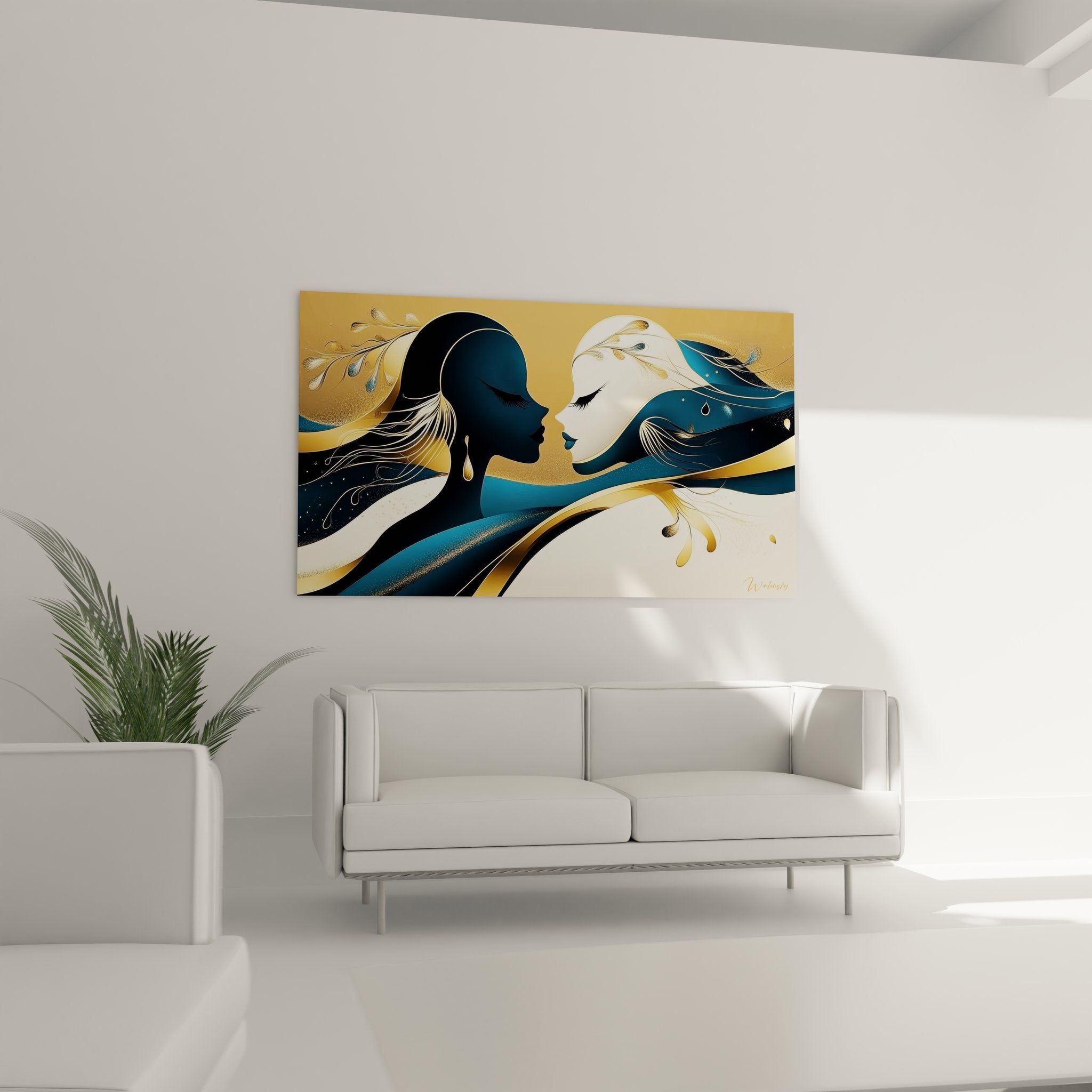 Détail tableau couple abstrait, gros plan sur les visages stylisés et ornements dorés, art figuratif moderne