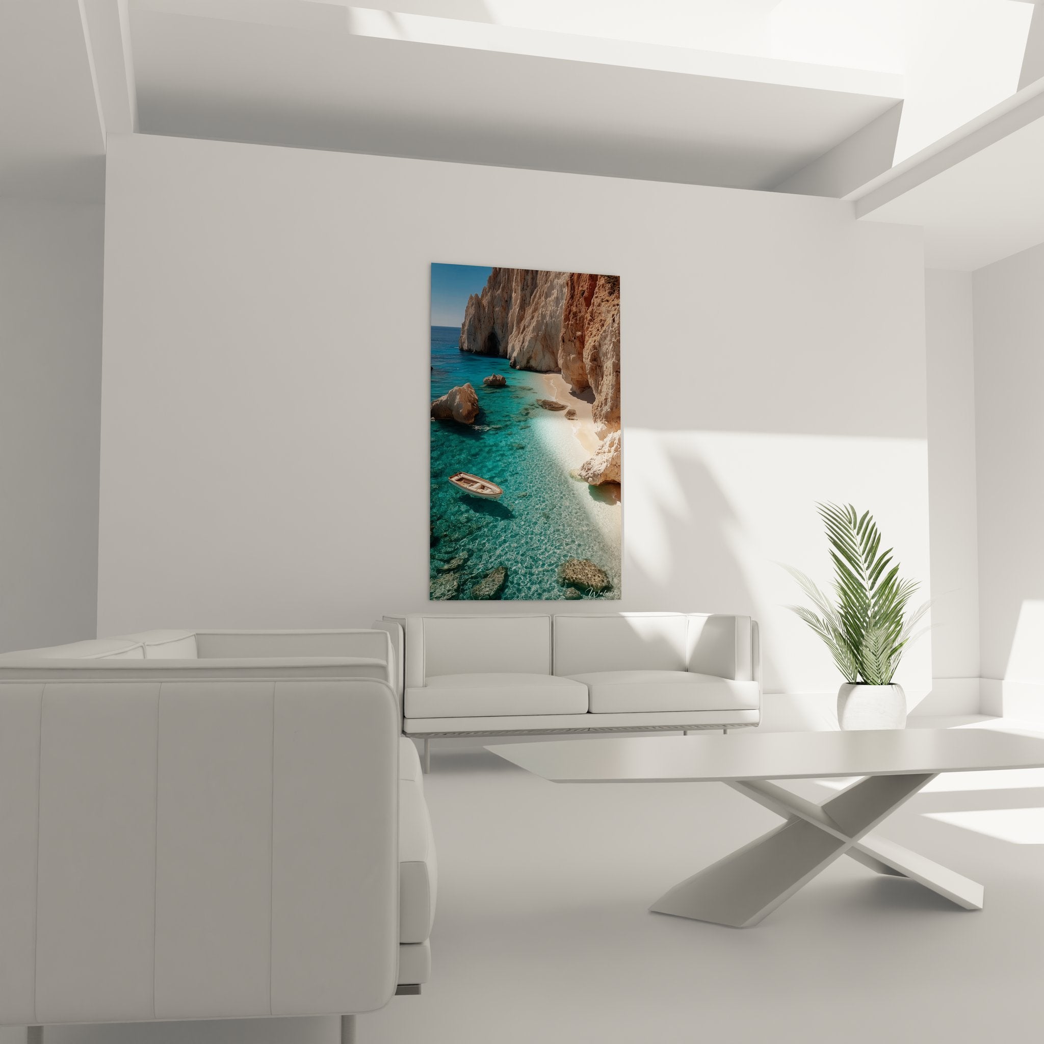 Détail tableau crique méditerranéenne montrant textures falaises et reflets eaux cristallines