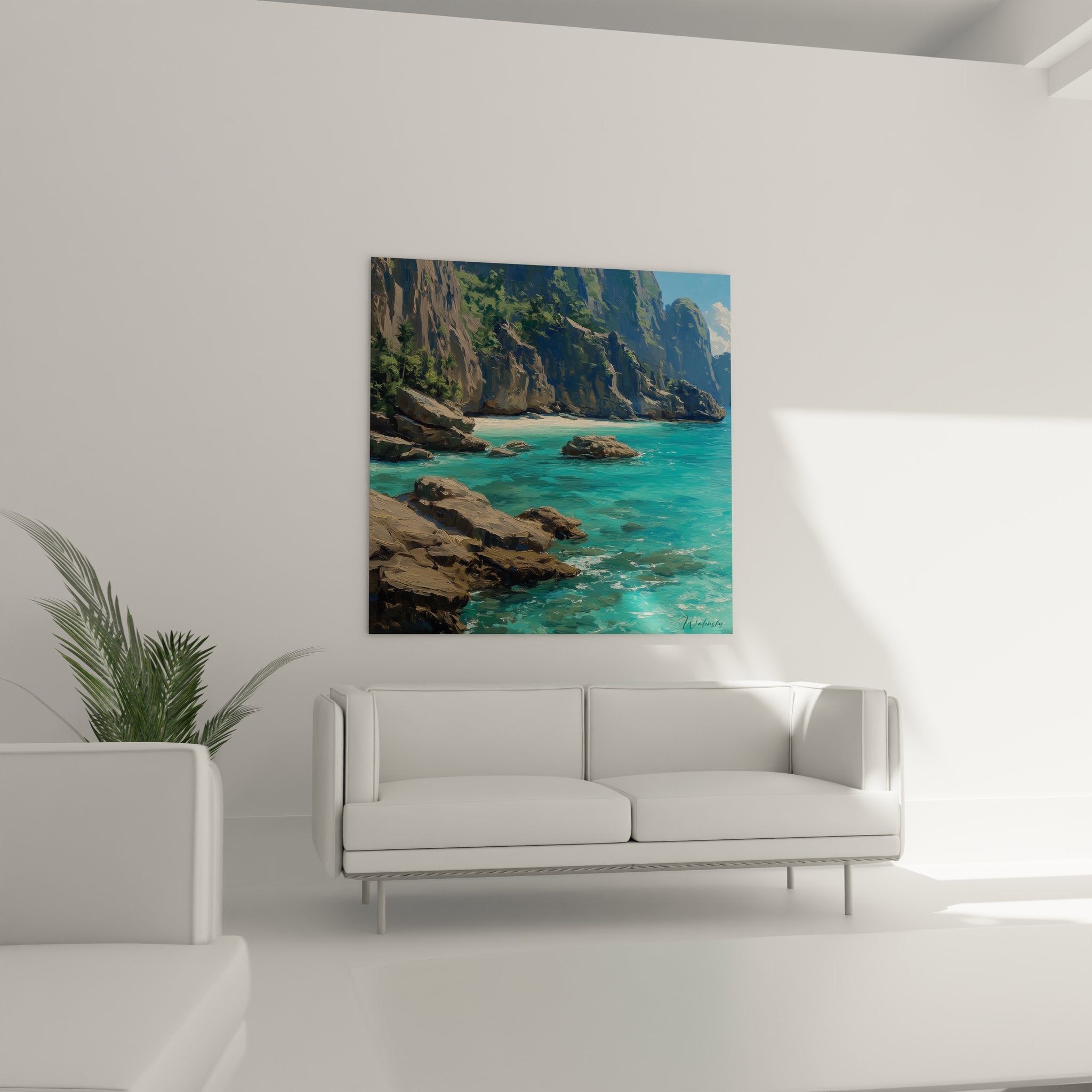 Détail tableau peinture crique turquoise rochers émergents technique artistique réaliste paysage marin