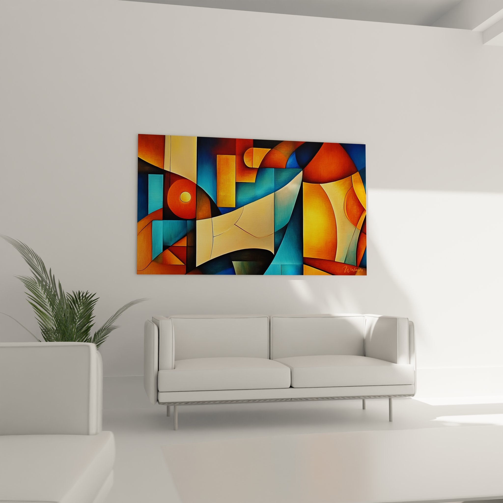 Détail gros plan tableau cubiste showing formes géométriques colorées et textures abstraites modernes