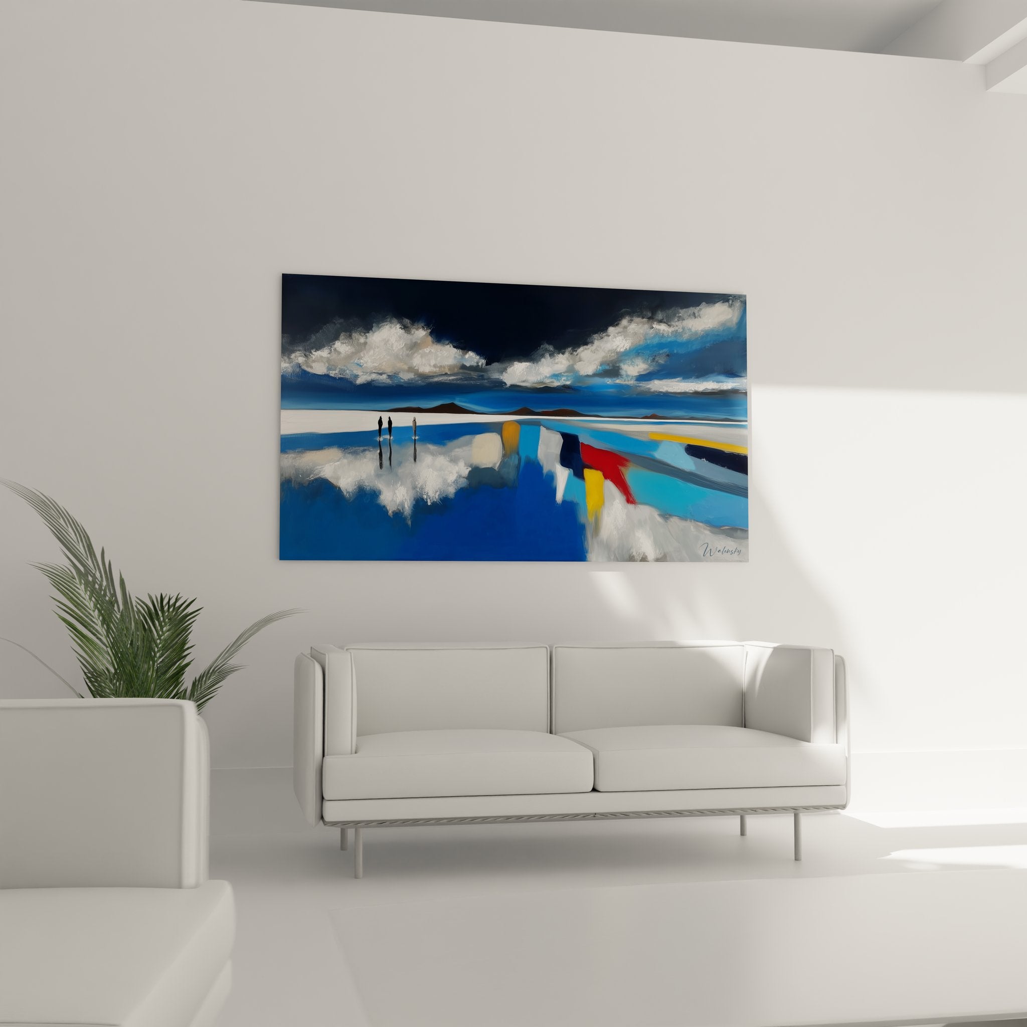 Détail tableau désert sel, technique picturale reflets et nuages, art mural haute qualité