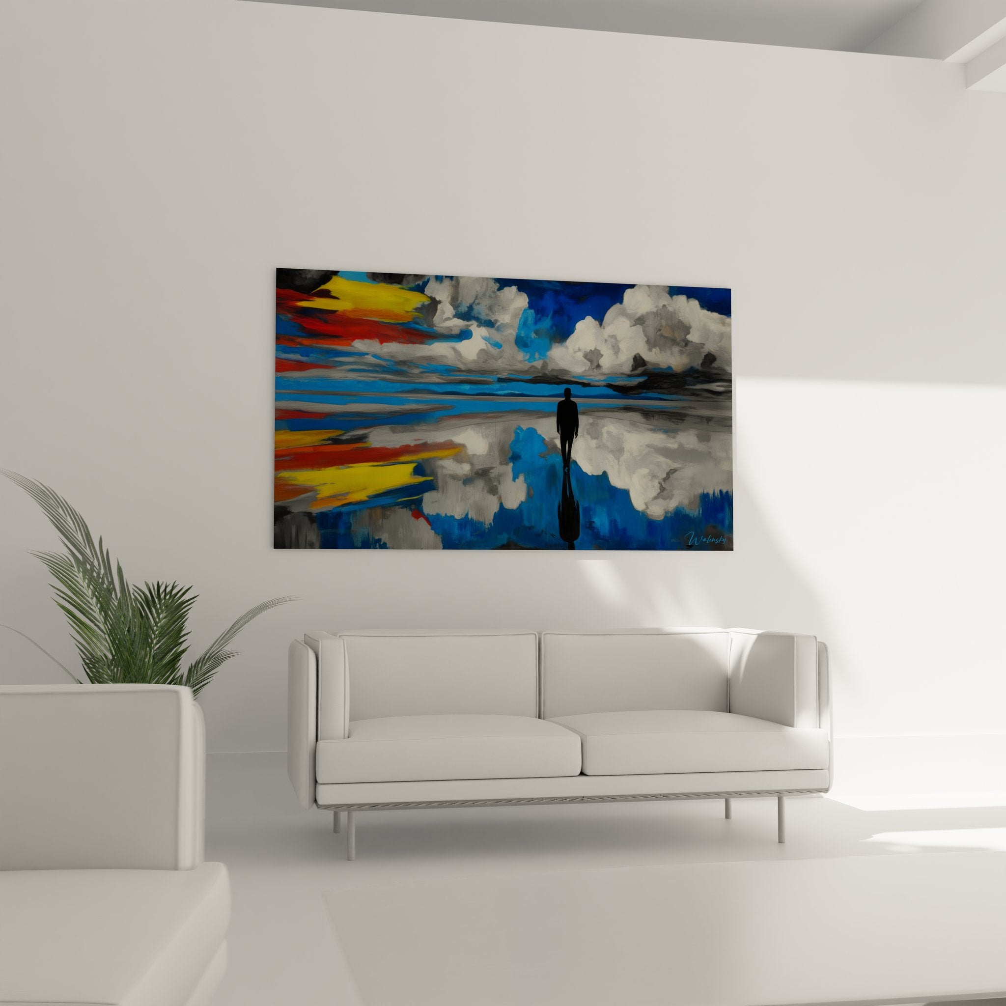 Détail tableau désert silhouette noire reflets colorés peinture abstraite moderne