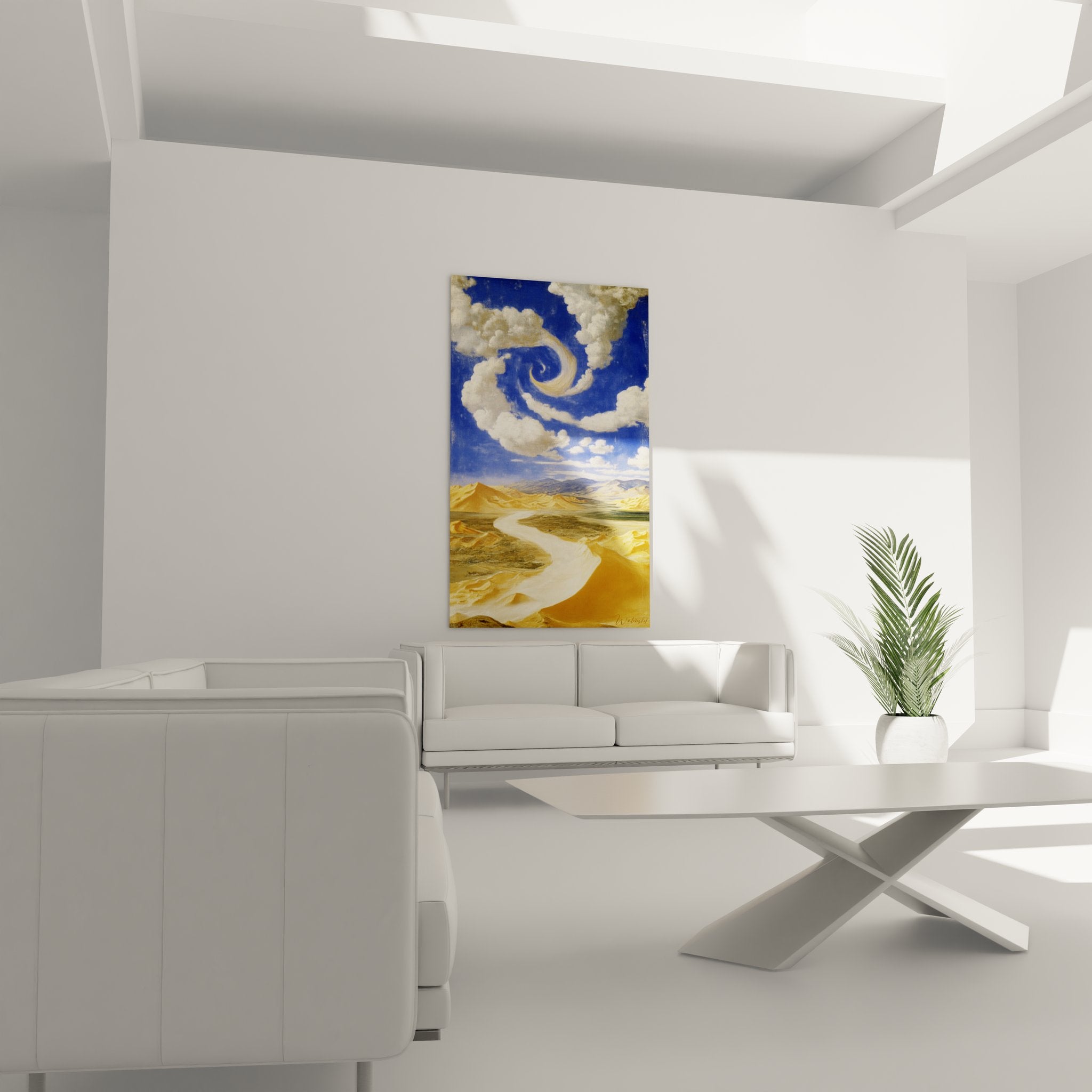 Détail rapproché tableau désert, spirale nuages blancs sur ciel bleu et dunes dorées