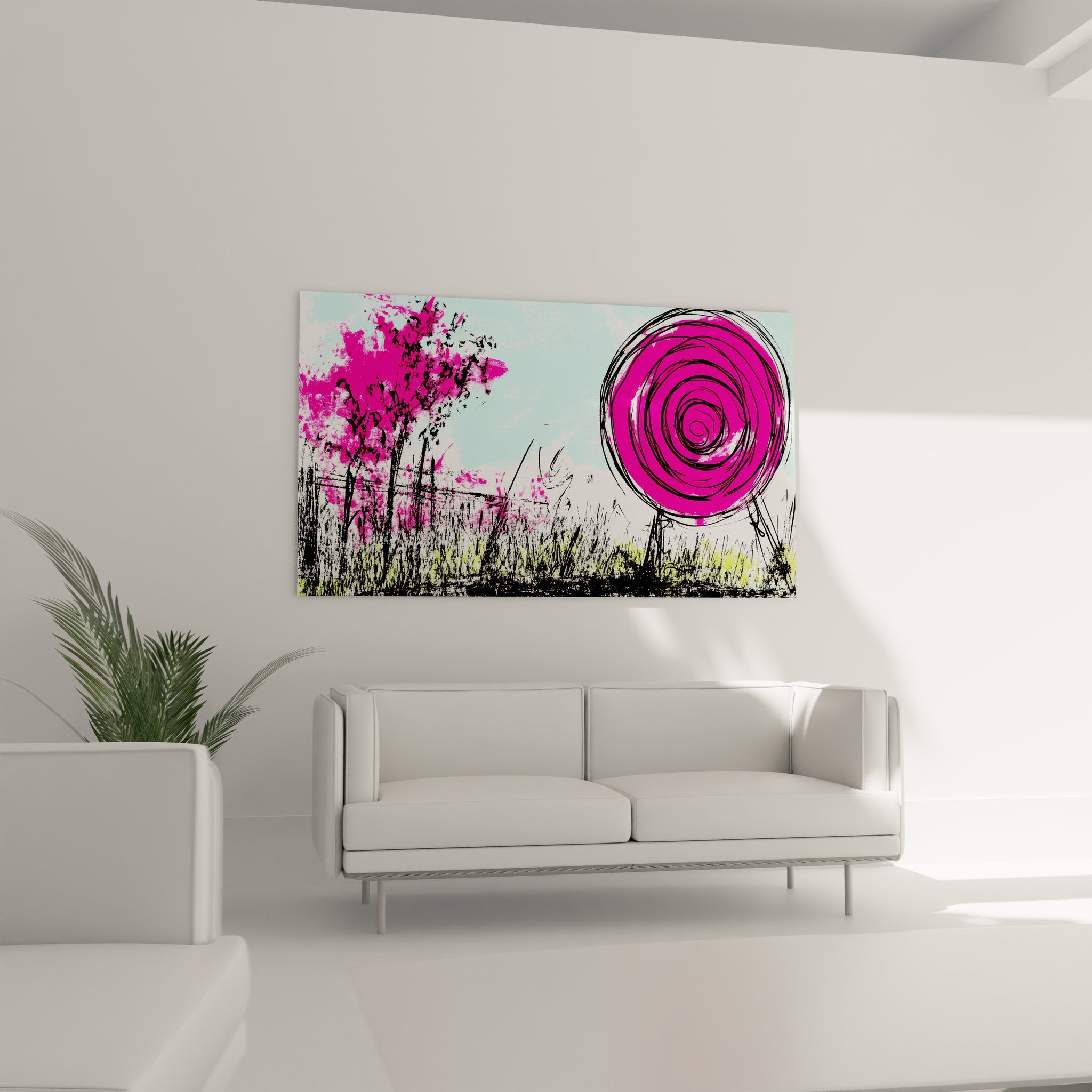 Gros plan détail tableau dessin abstrait montrant texture explosion florale rose et traits noirs expressifs