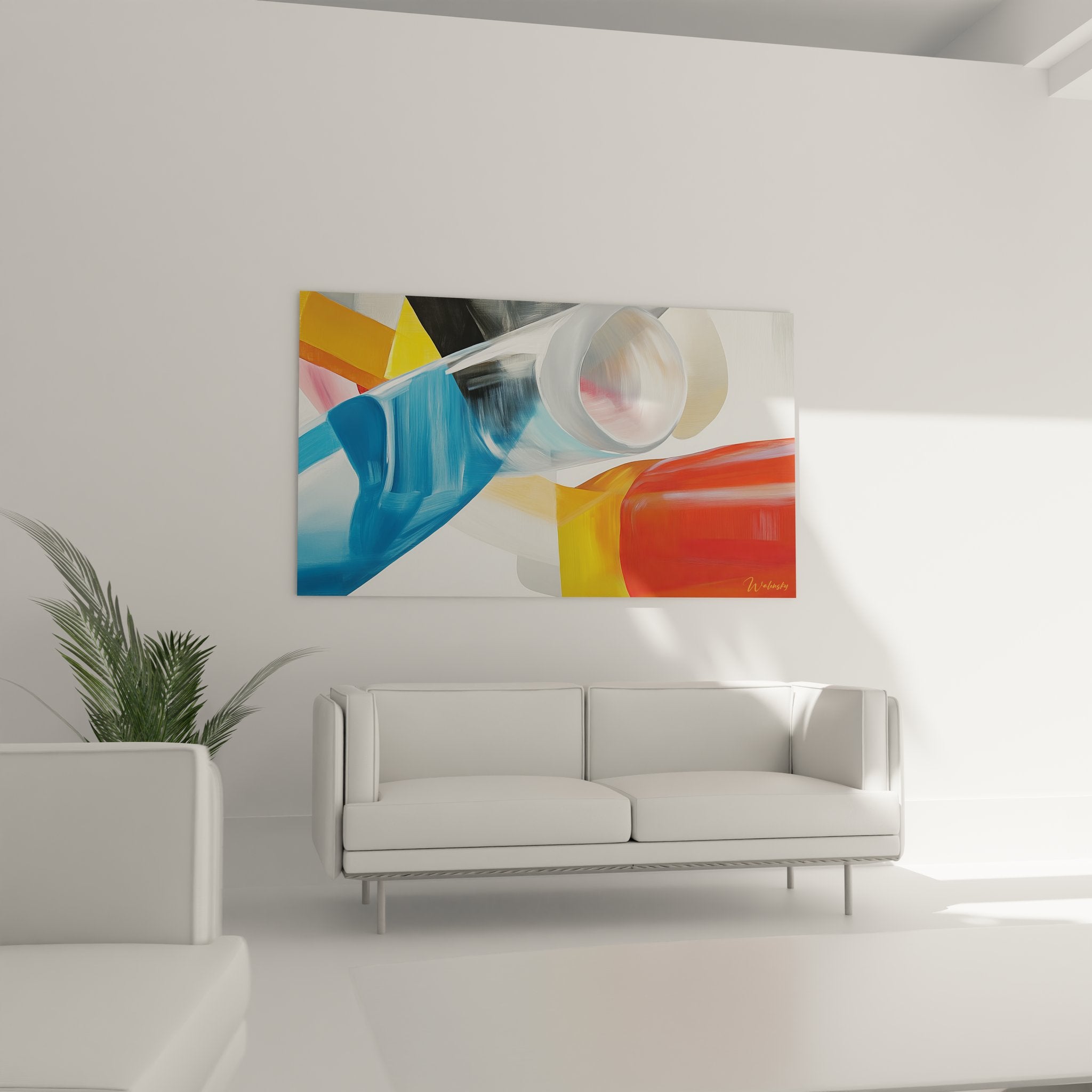 Détail gros plan tableau dessin formes géométriques colorées bleu orange jaune