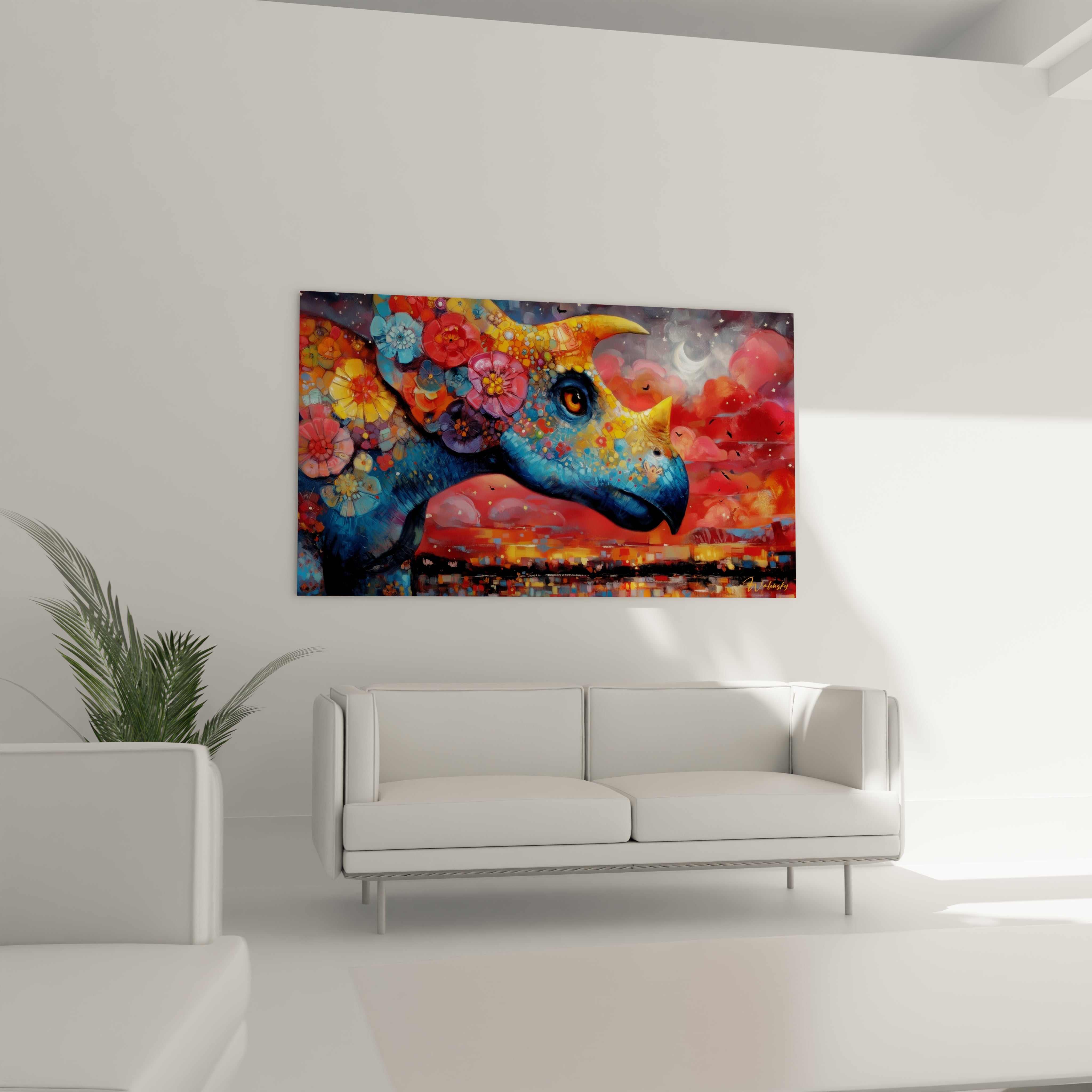 Gros plan tableau dinosaure artistique détails floraux multicolores et œil ambré