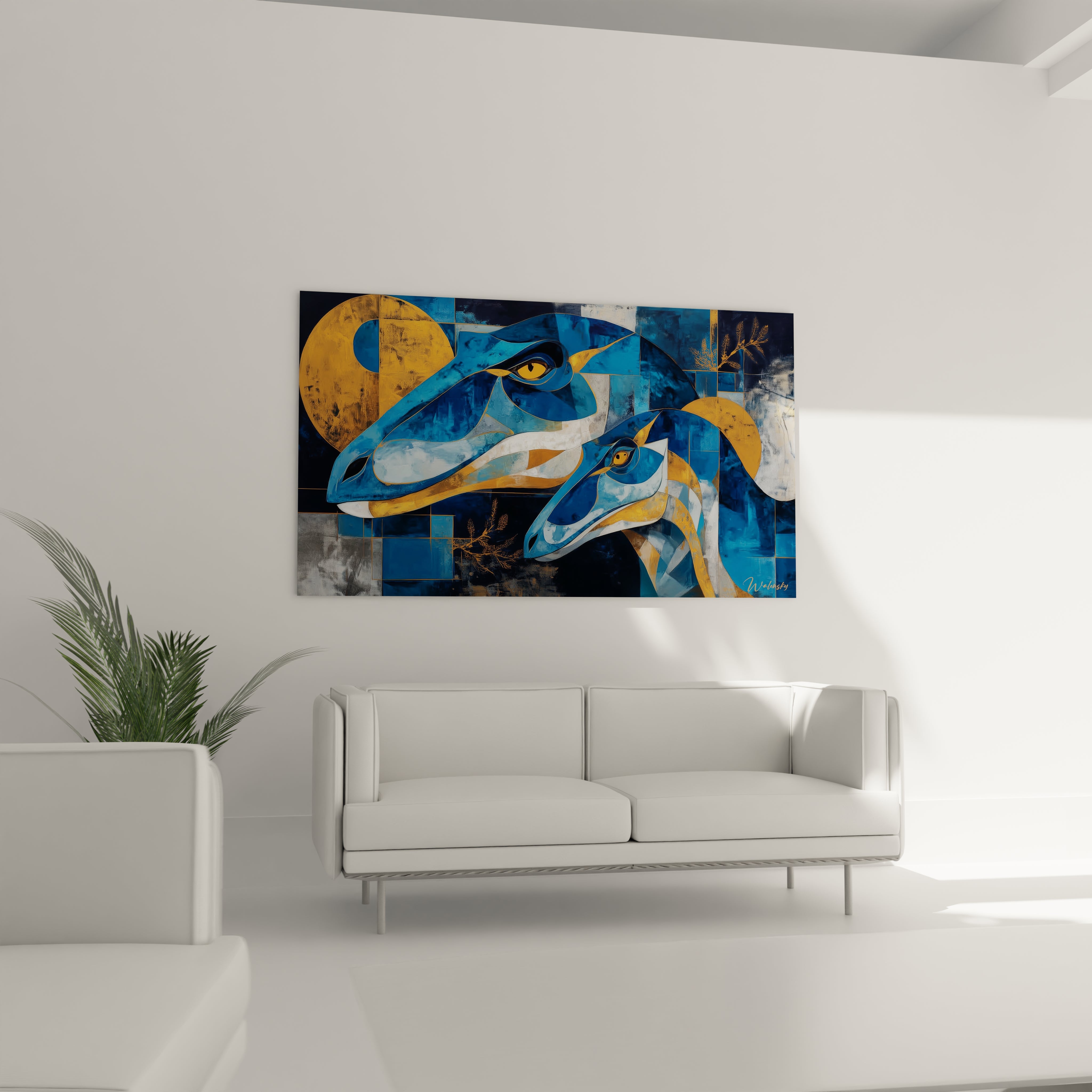 Détail gros plan tableau dinosaure abstrait géométrique yeux dorés facettes