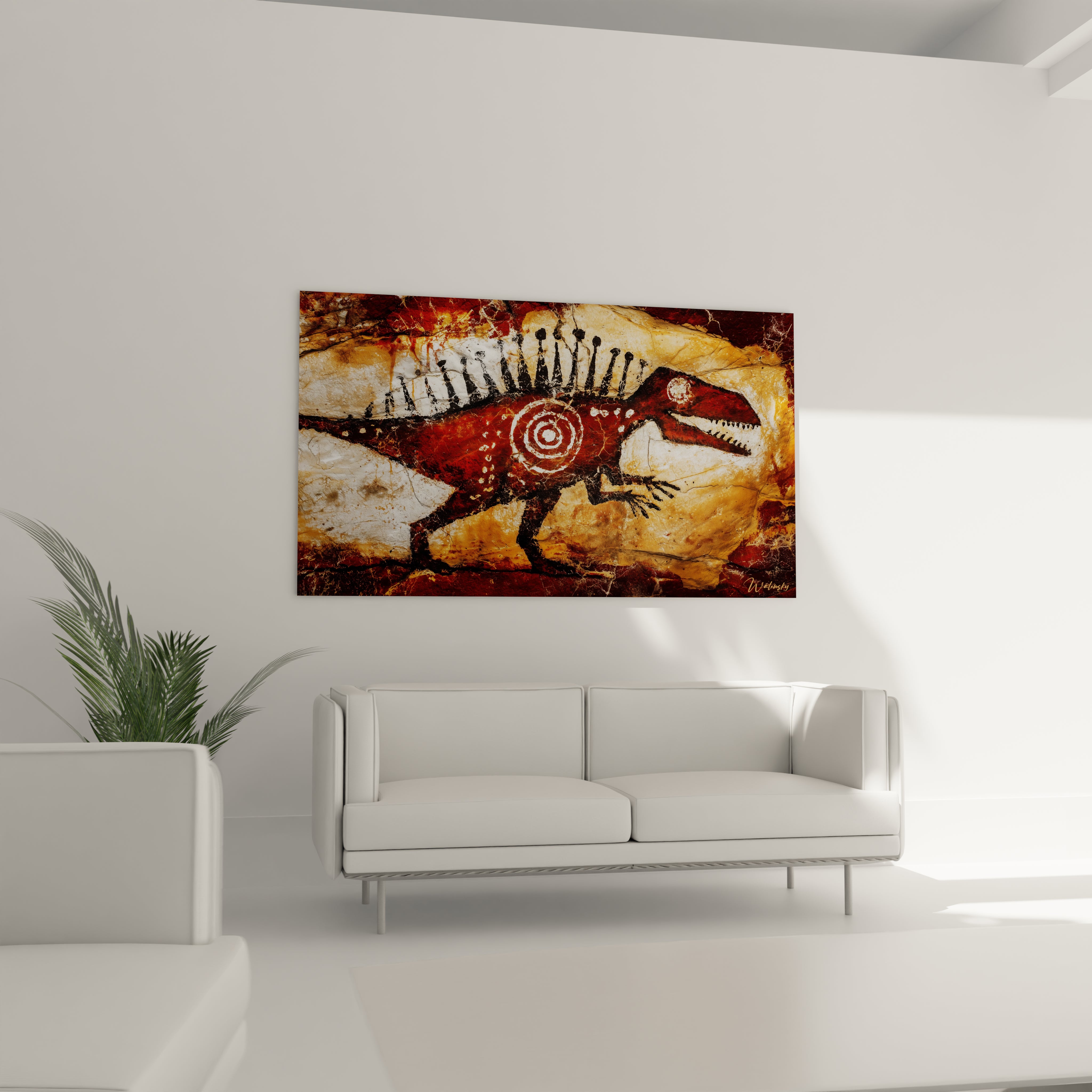 Gros plan détail tableau dinosaure rouge montrant texture craquelée et motif spiral central blanc