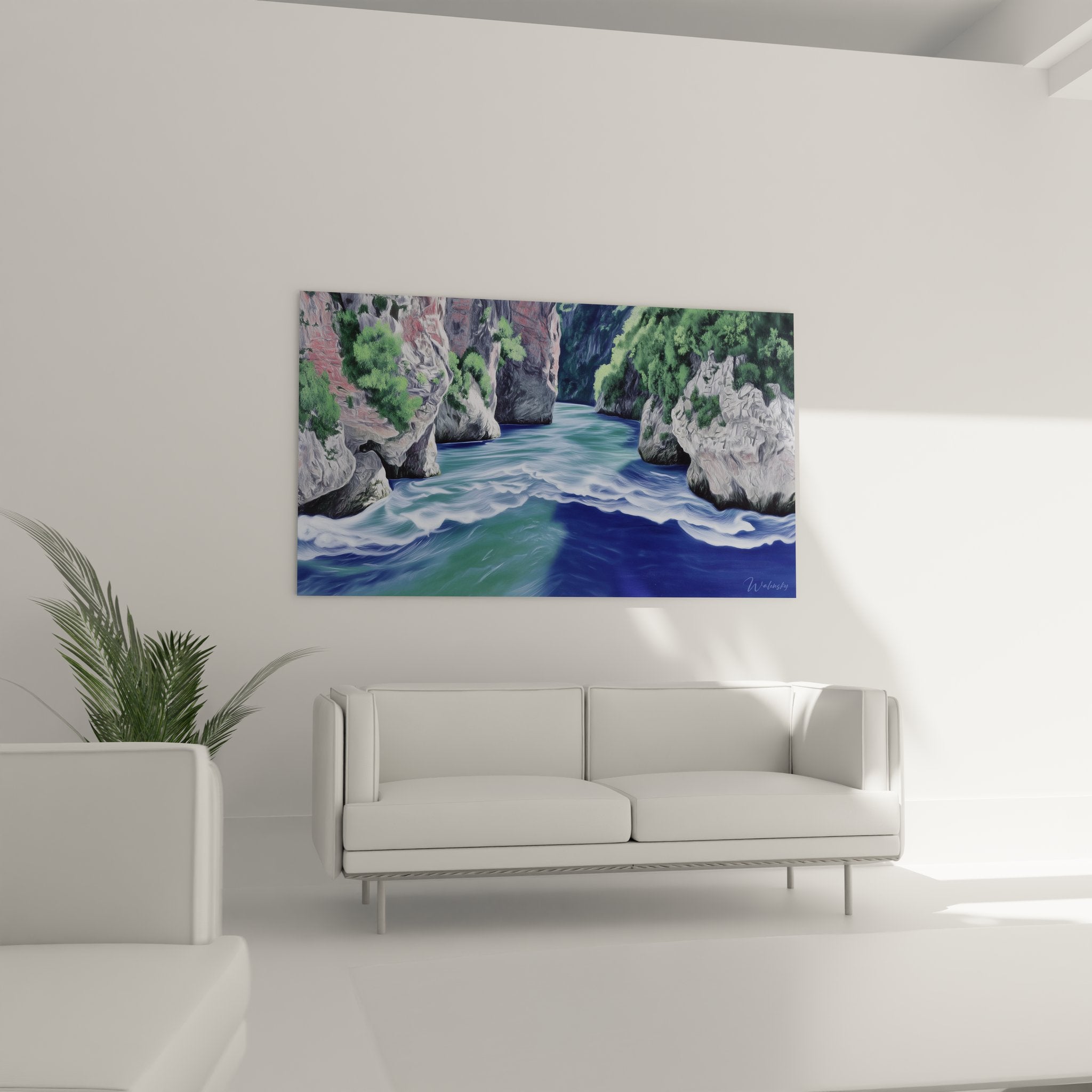 Détail tableau eaux turquoise et rochers sculptés, peinture réaliste haute définition