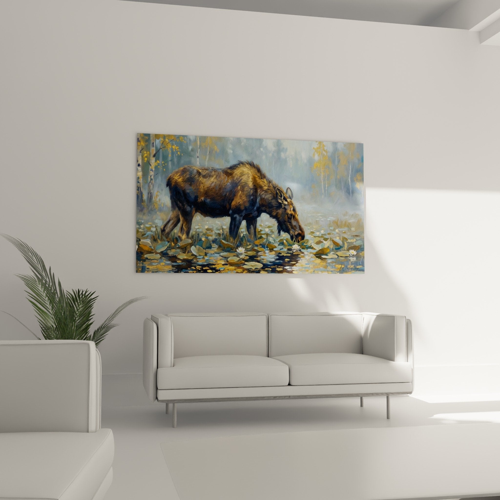 Detail Gemälde Elch goldenes Fell Lichtreflexe, realistische Maltechnik, weiße Seerosen Wasser