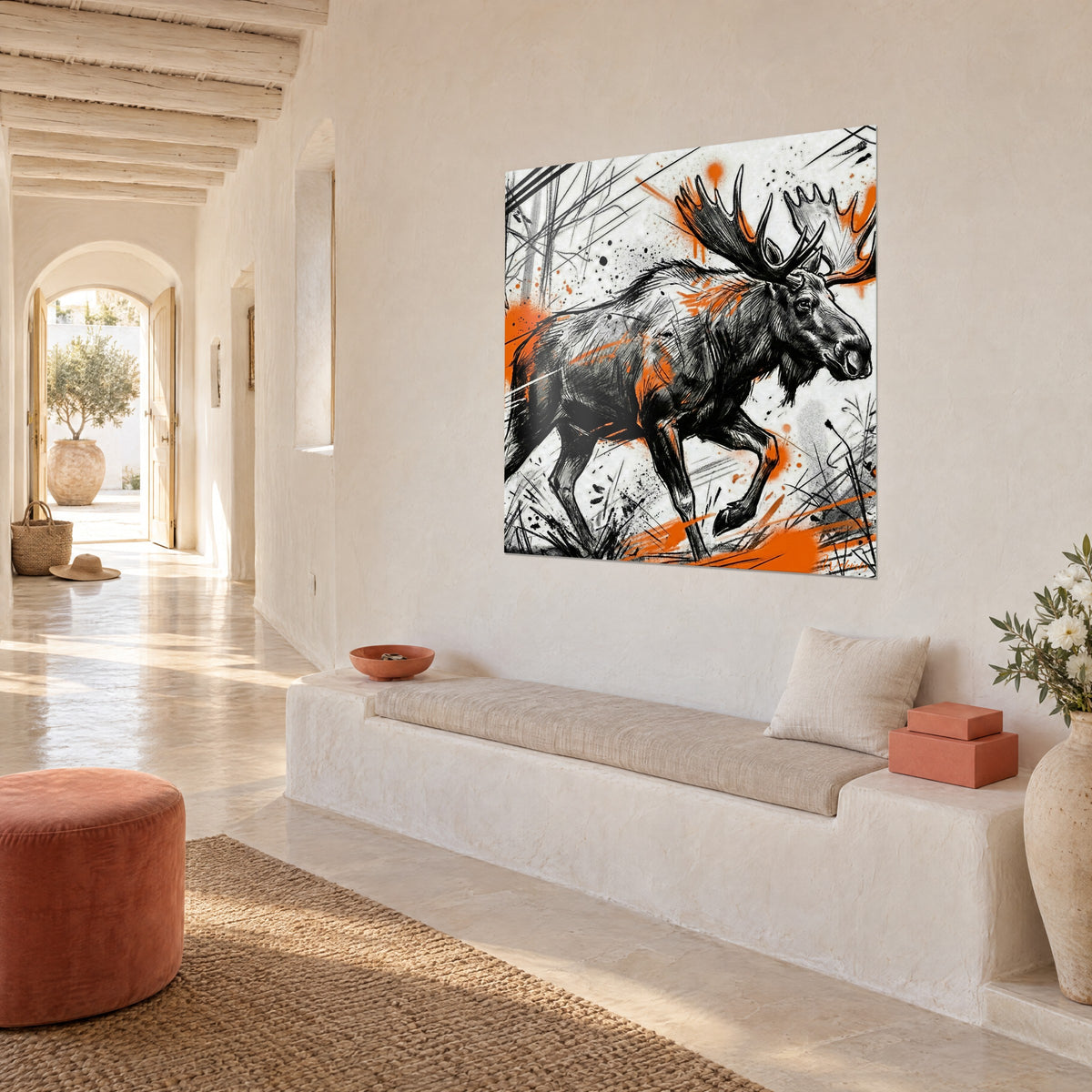 Wall art leaping moose with hatched antlers, black ink and orange splashes on a white background, white house wall