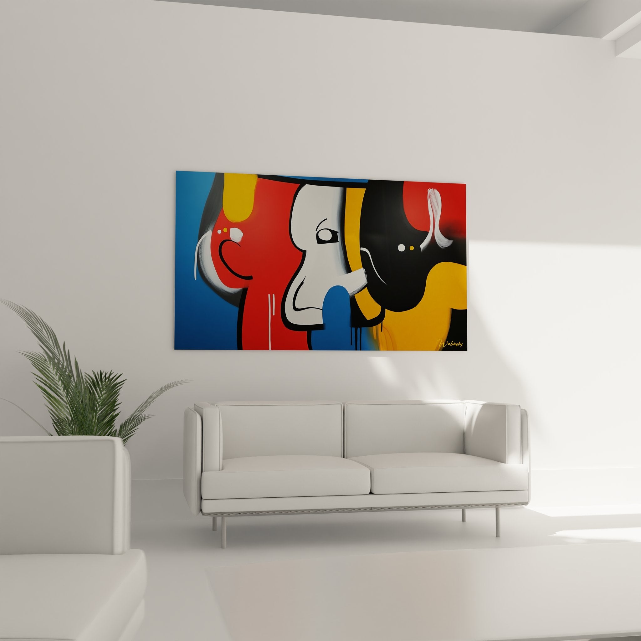 Détail gros plan tableau éléphant géométrique abstrait peinture moderne couleurs vives