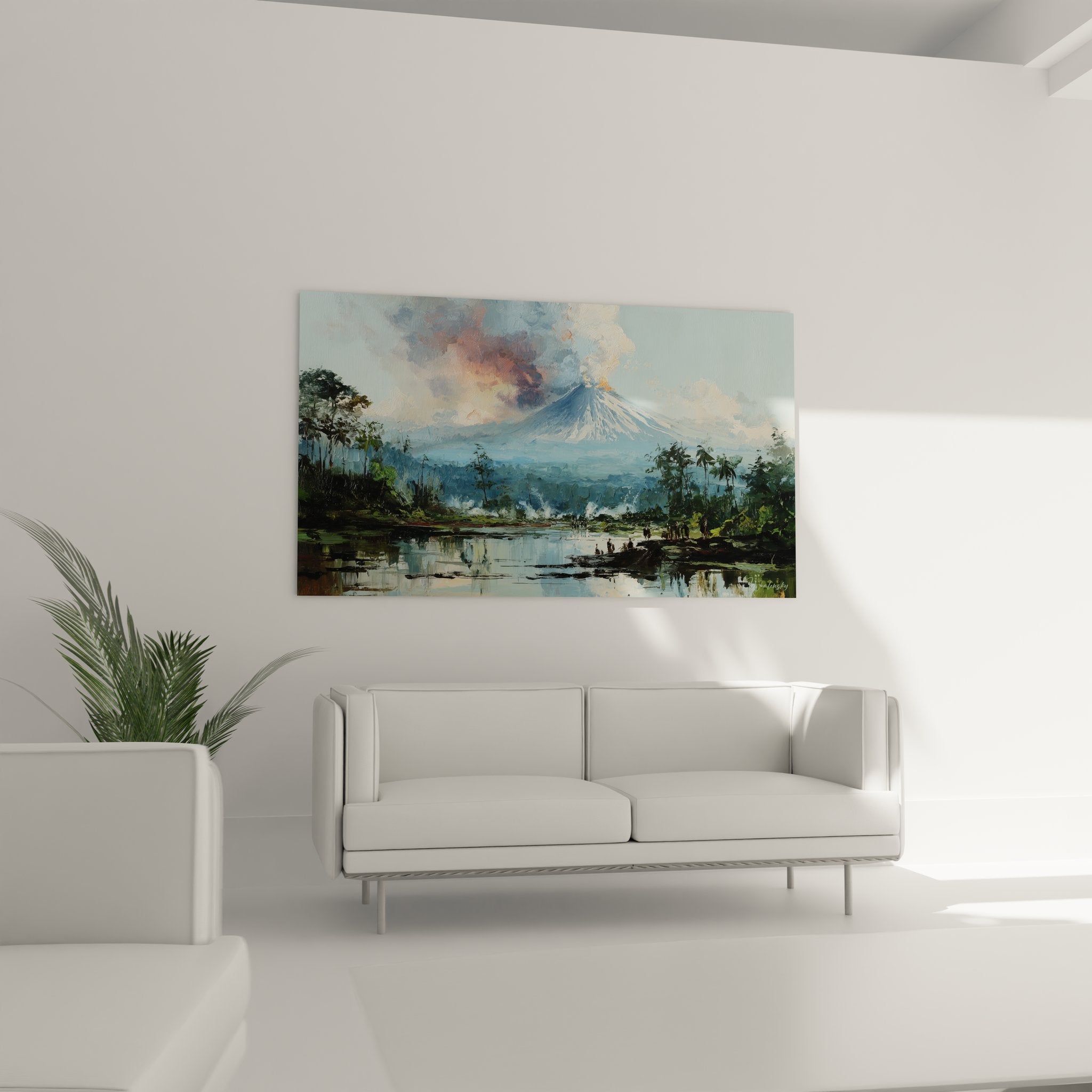 Détail gros plan tableau éruption volcanique flammes cendres art peinture volcan tropical