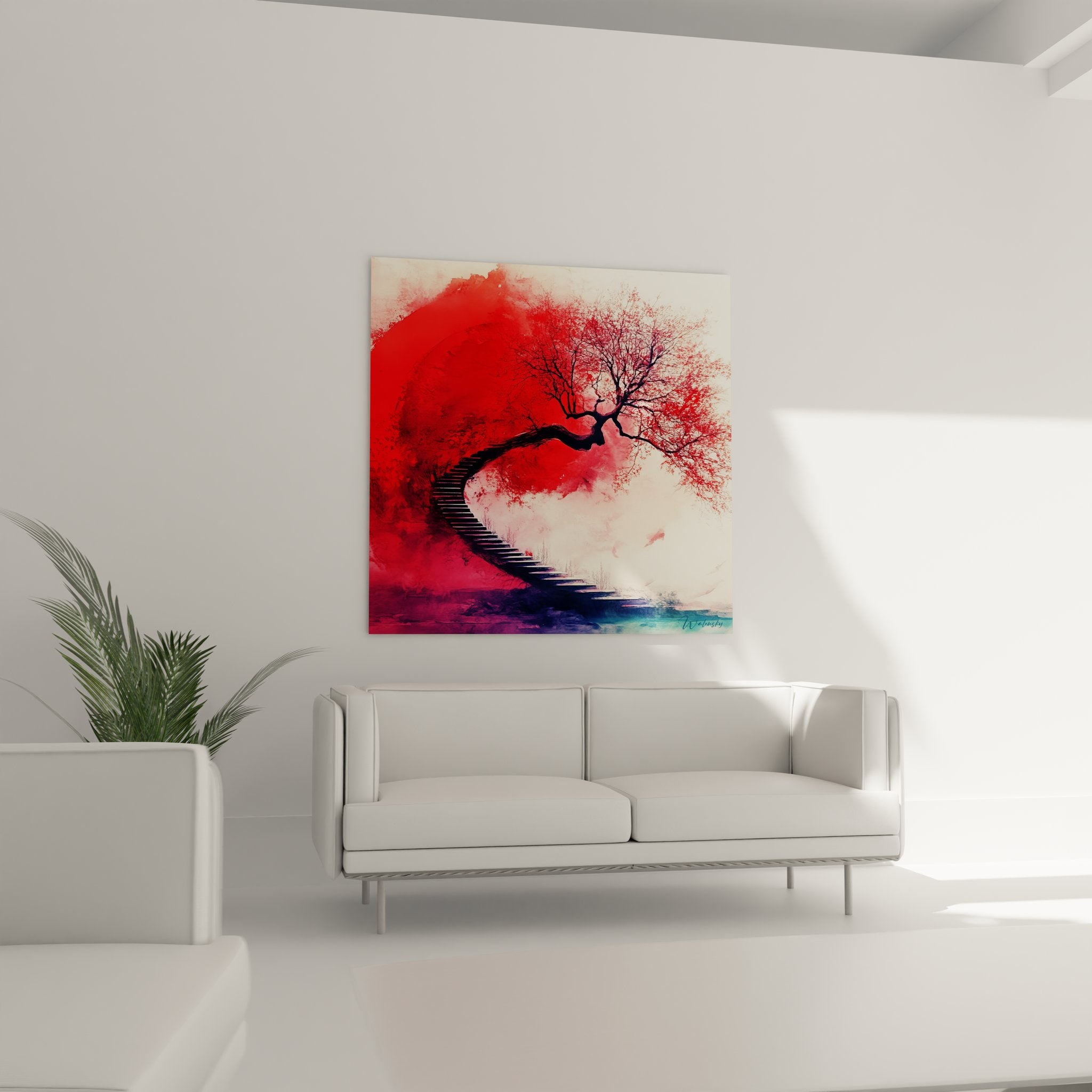 Détail rapproché tableau escalier cerisier branches rouge art spirale abstrait japonais