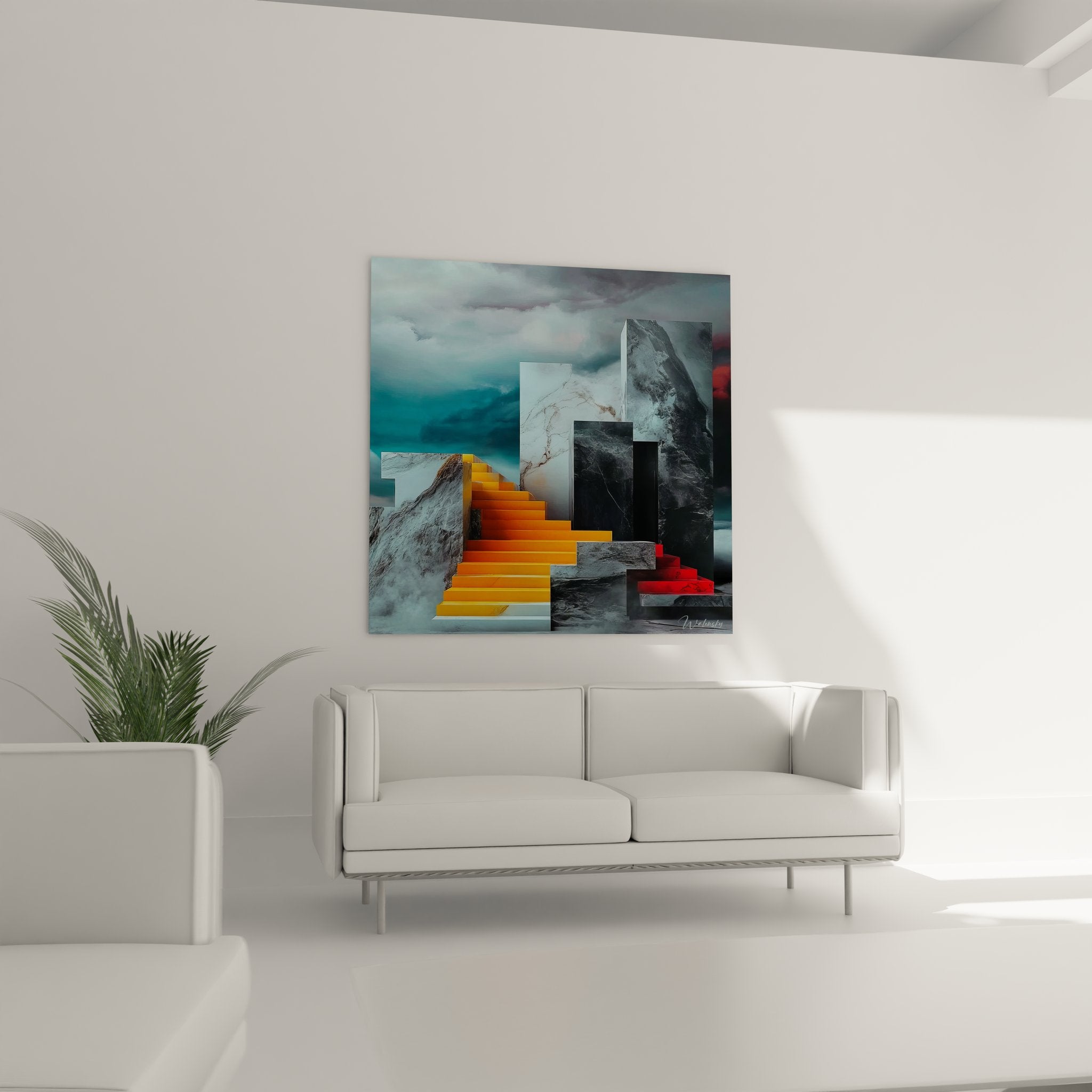 Détail gros plan tableau escaliers géométriques orange contrastant avec formes noires architecturales