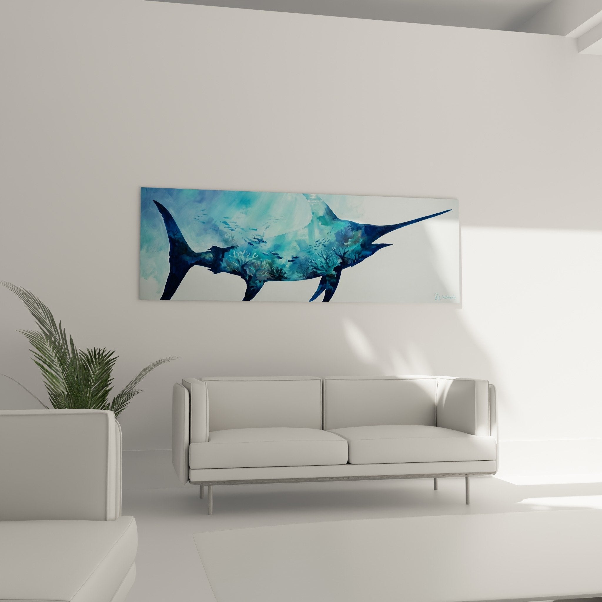 Detail Kunstwerk Schwertfisch technische Doppelbelichtung Korallen blaugrün organische Textur