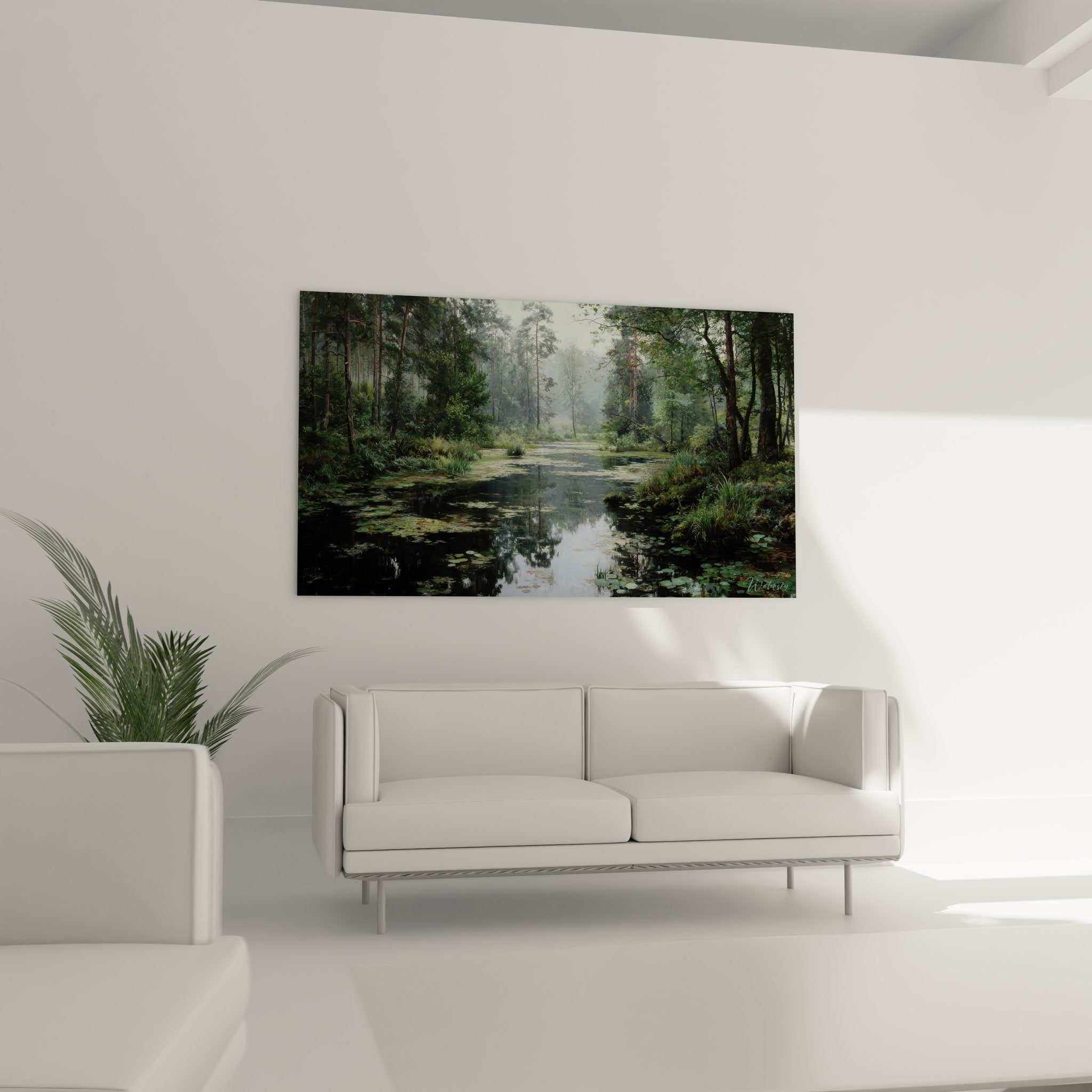 Détail tableau marécage forestier, nénuphars et reflets sur eau calme, peinture nature aquatique