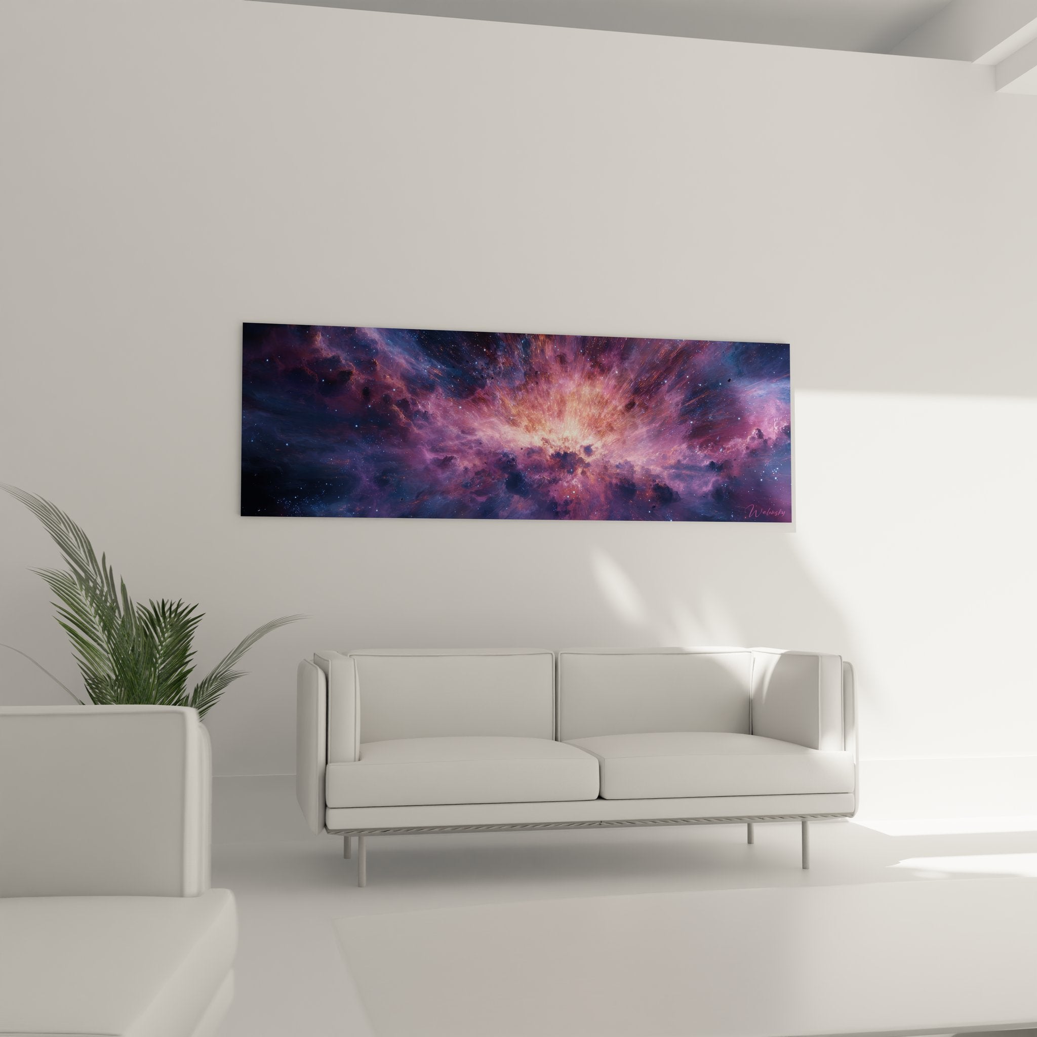 Détail rapproché tableau explosion cosmique montrant textures nébuleuse et effets lumineux violets