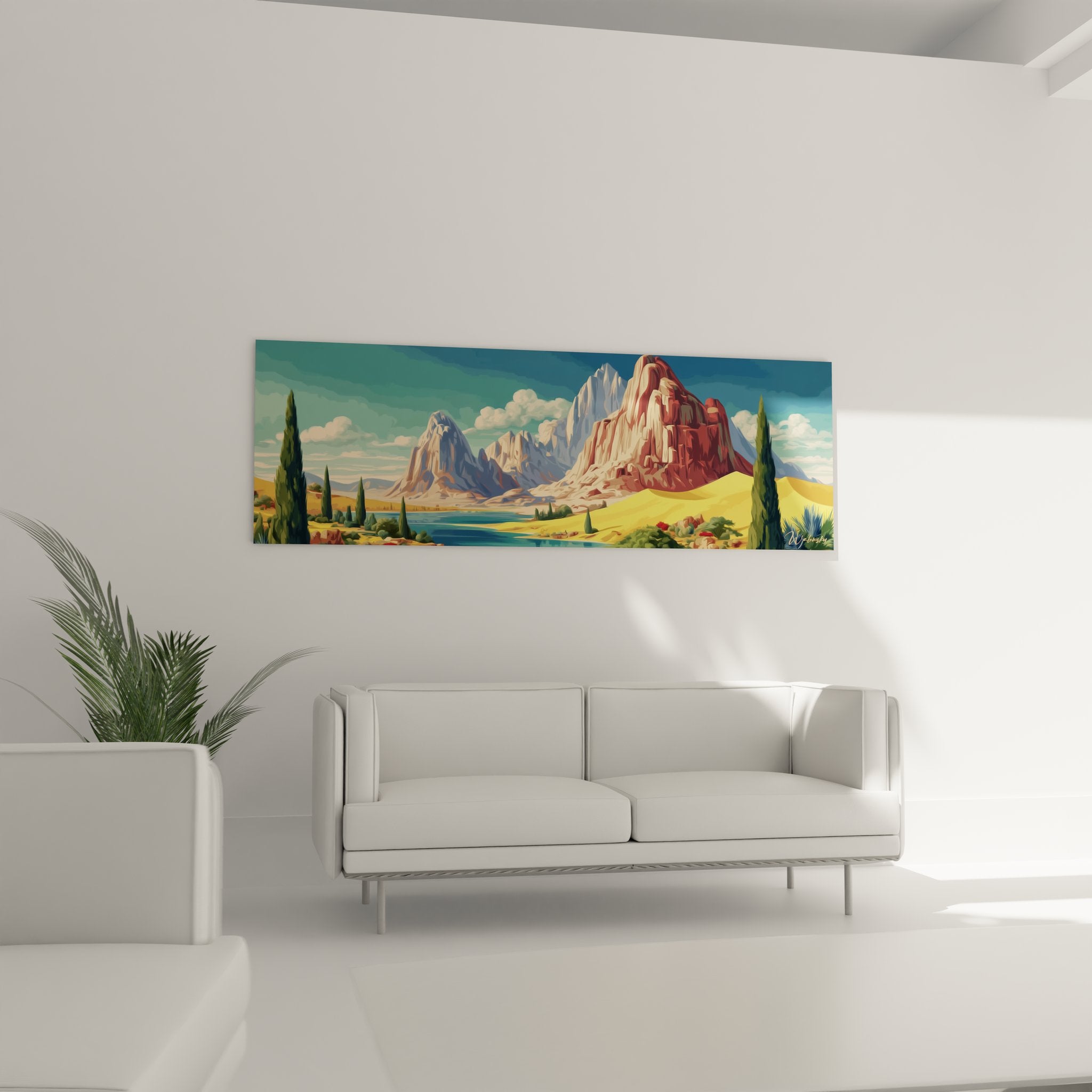 Gros plan tableau falaises rouges désert, détails peinture canyon avec végétation cactus