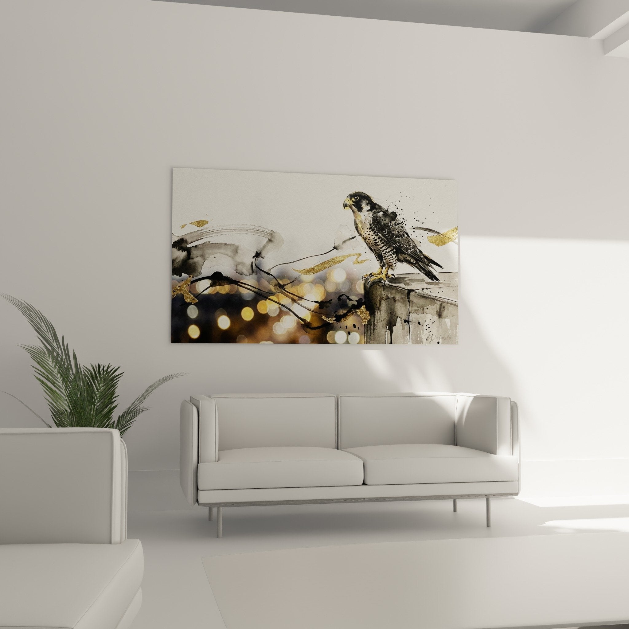 Détail tableau faucon plumage gris rehauts or technique aquarelle contemporaine rapace