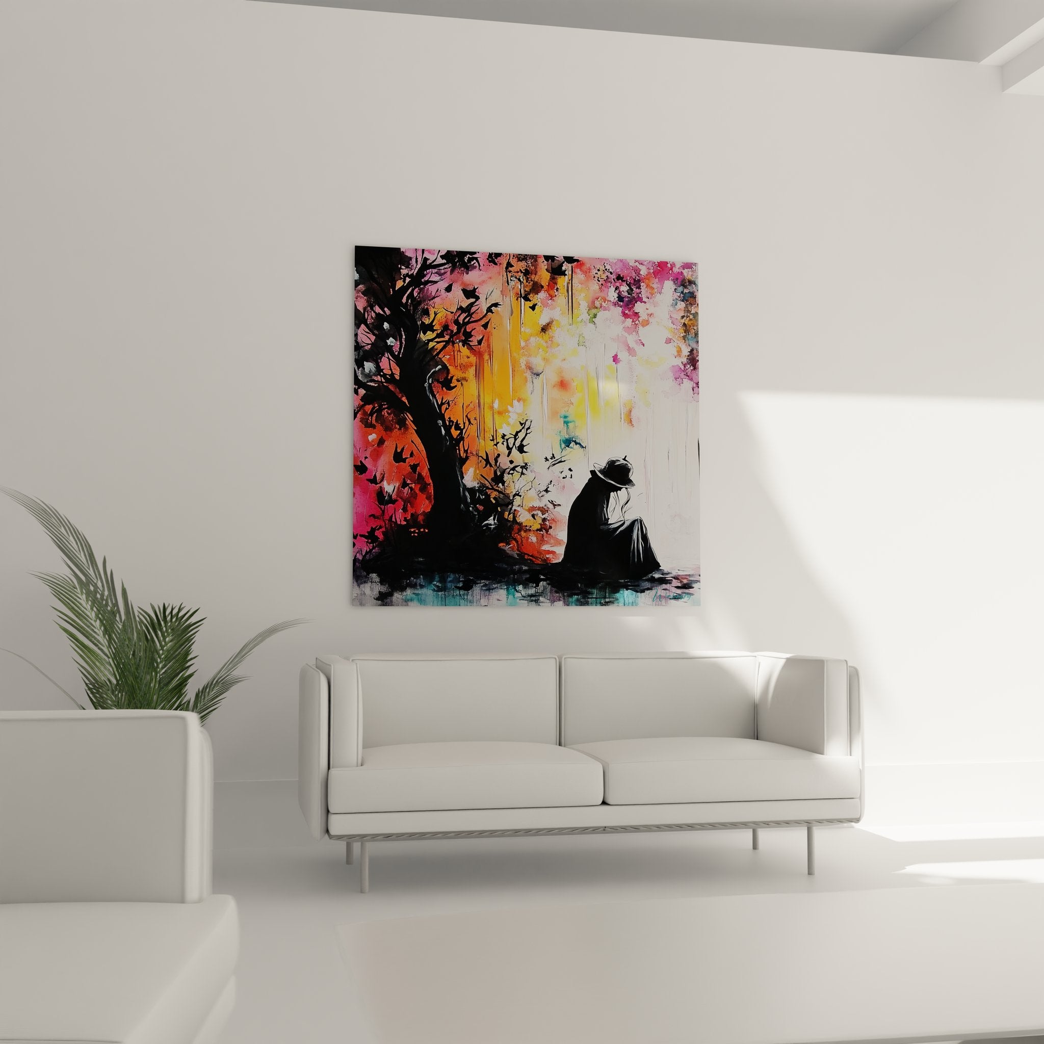 Détail gros plan tableau femme arbre couleurs vives technique peinture abstraite figurative coulures artistiques