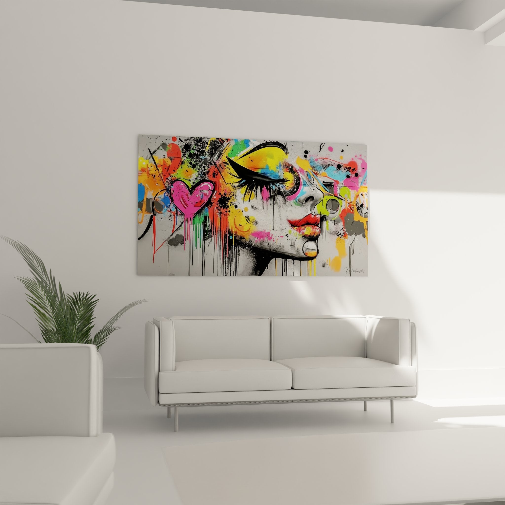 Détail tableau femme graffiti couleurs vives street art portrait féminin abstrait