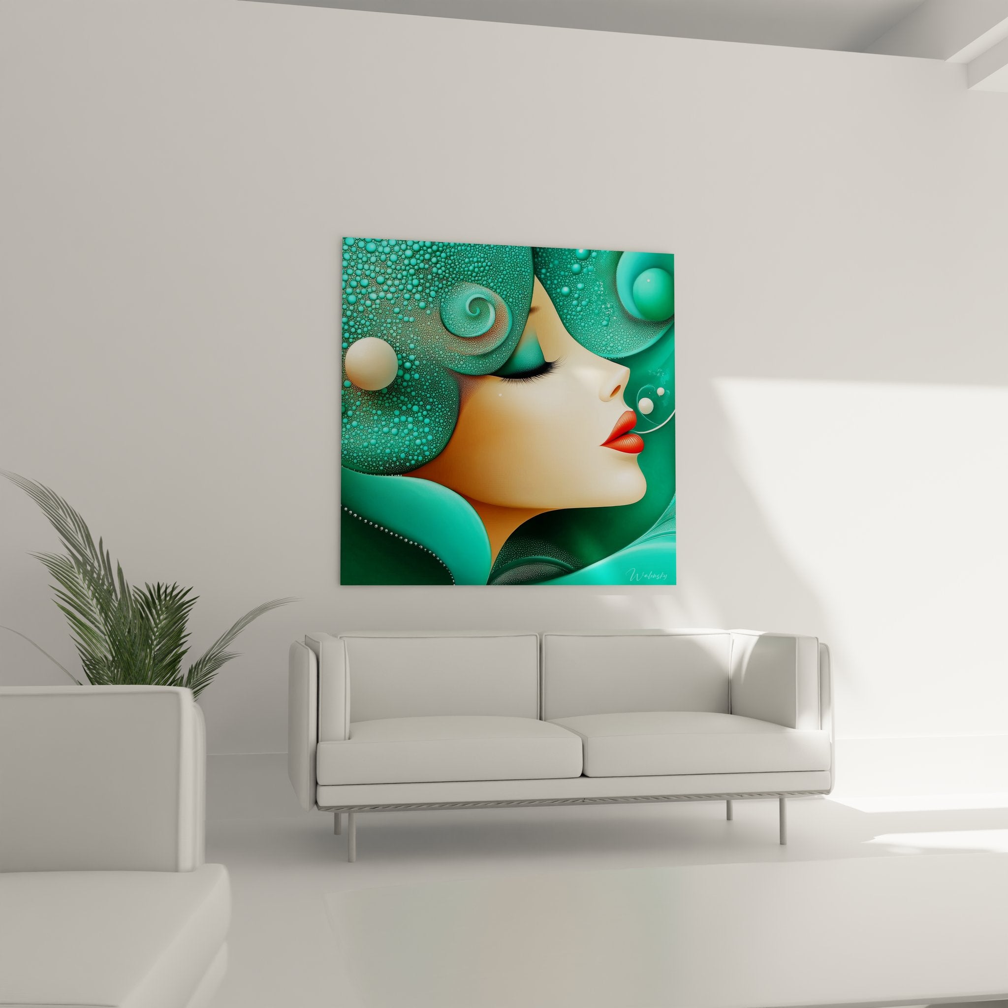 Détail gros plan tableau femme cheveux turquoise bulles cristallines lèvres rouges art figuratif moderne