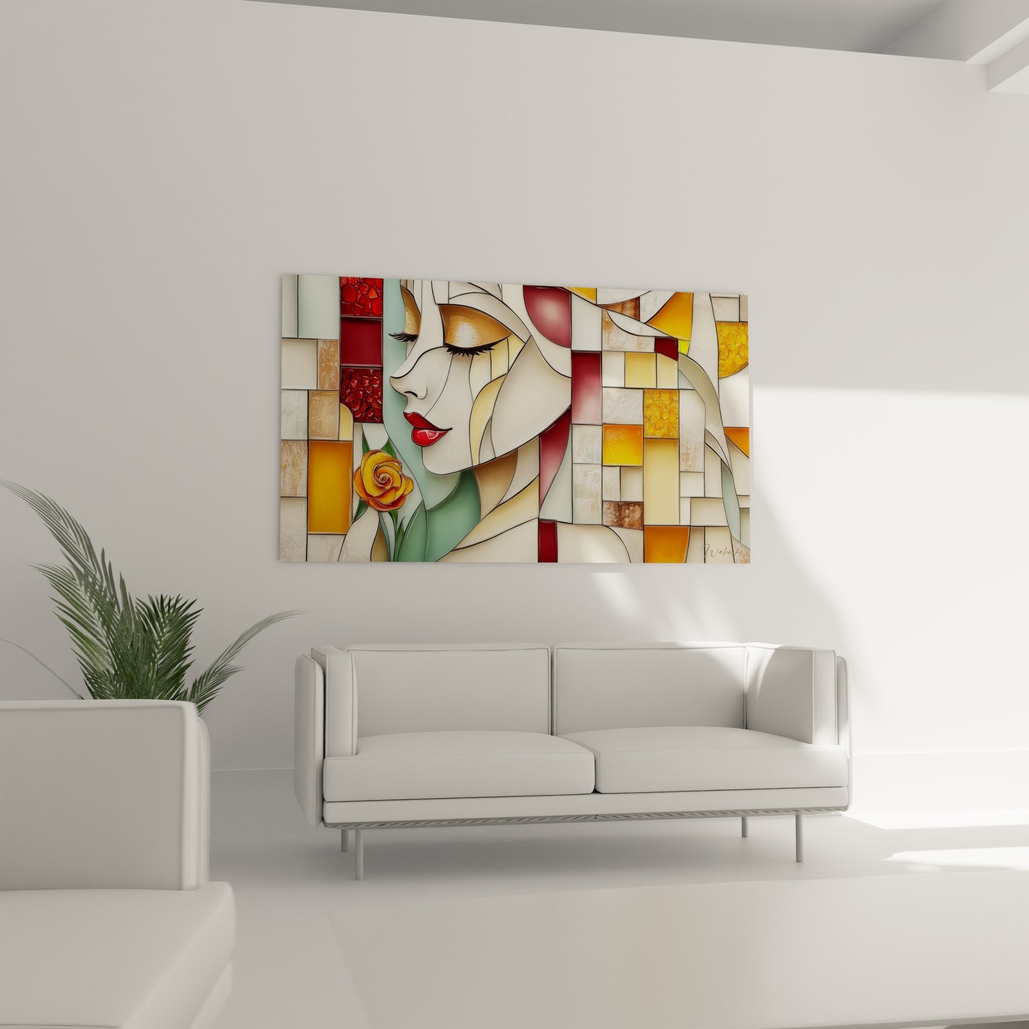 Gros plan tableau vitraux portrait femme cheveux dorés détails mosaïque colorée