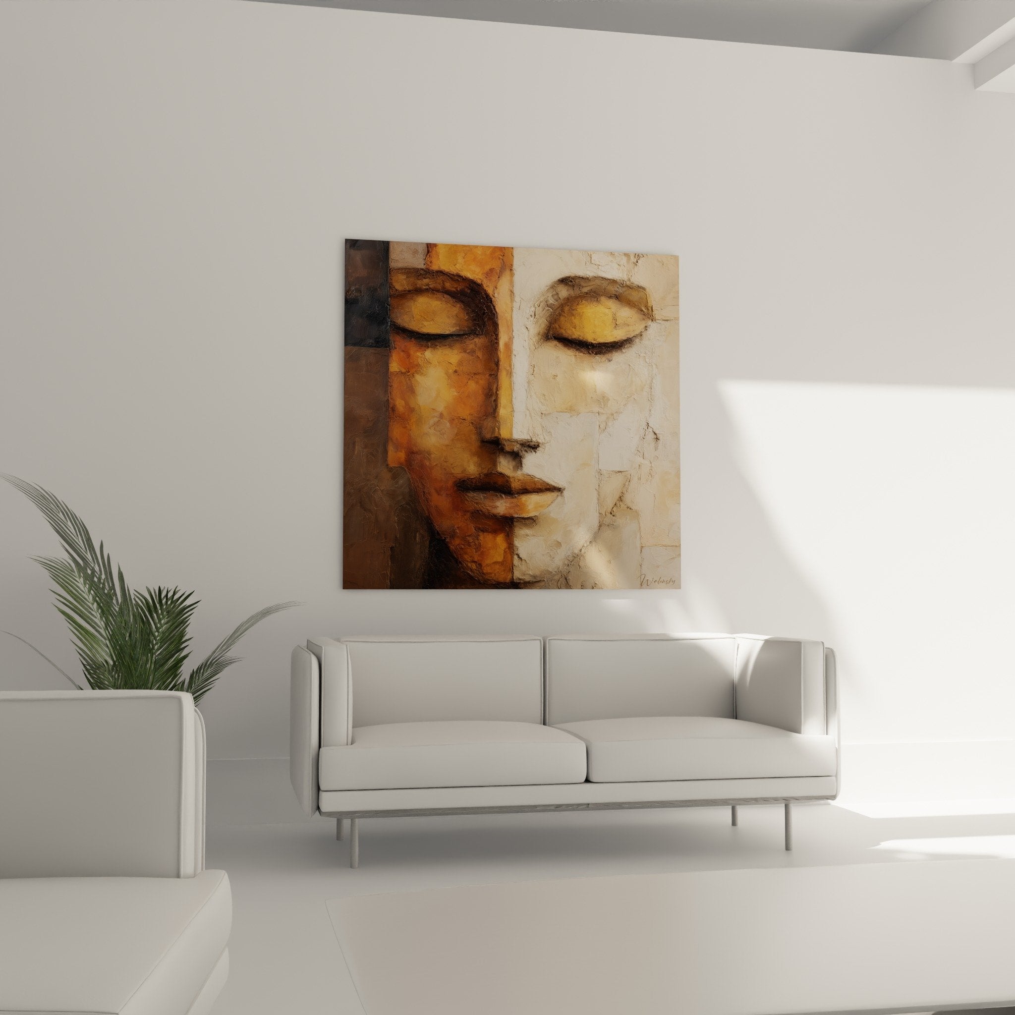 Detail tableau feng shui visage meditatif texture empâtements ocre beige technique picturale