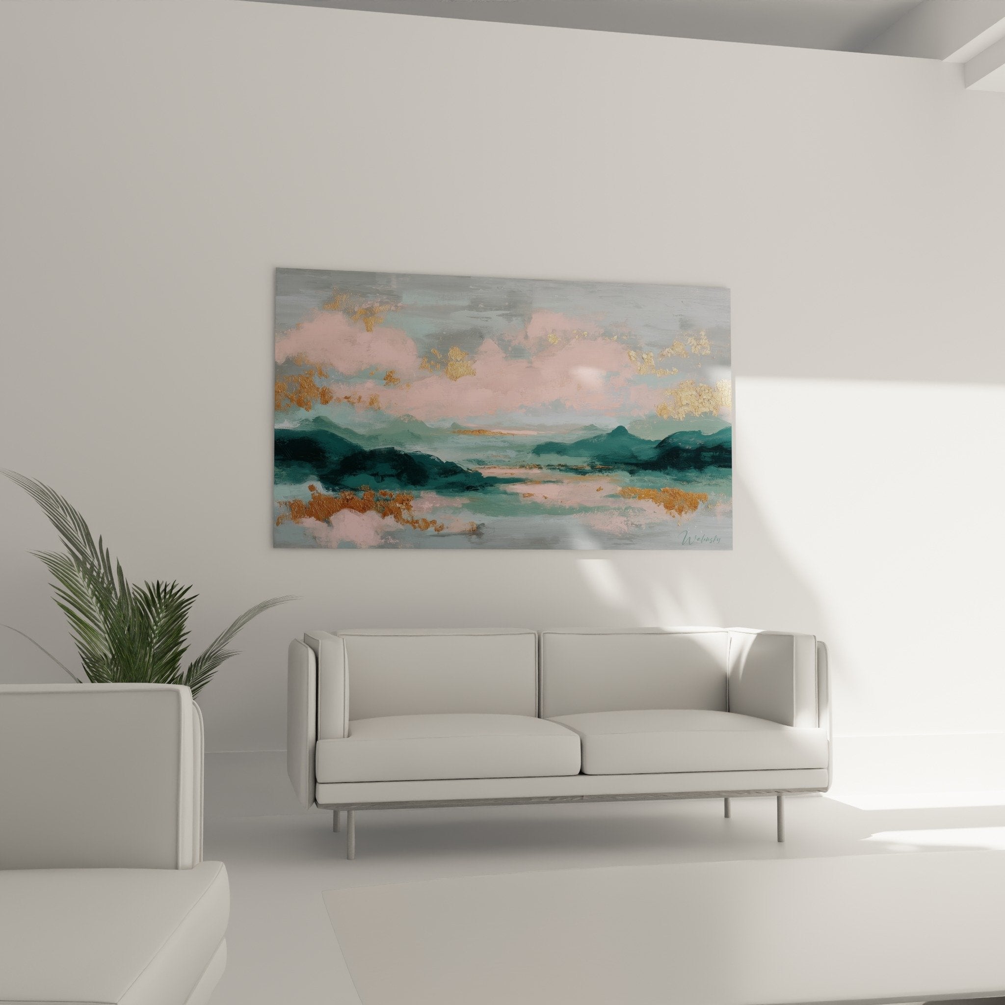 Close-up feng shui landscape wall art southeast wood details golden accents pink misty mountains