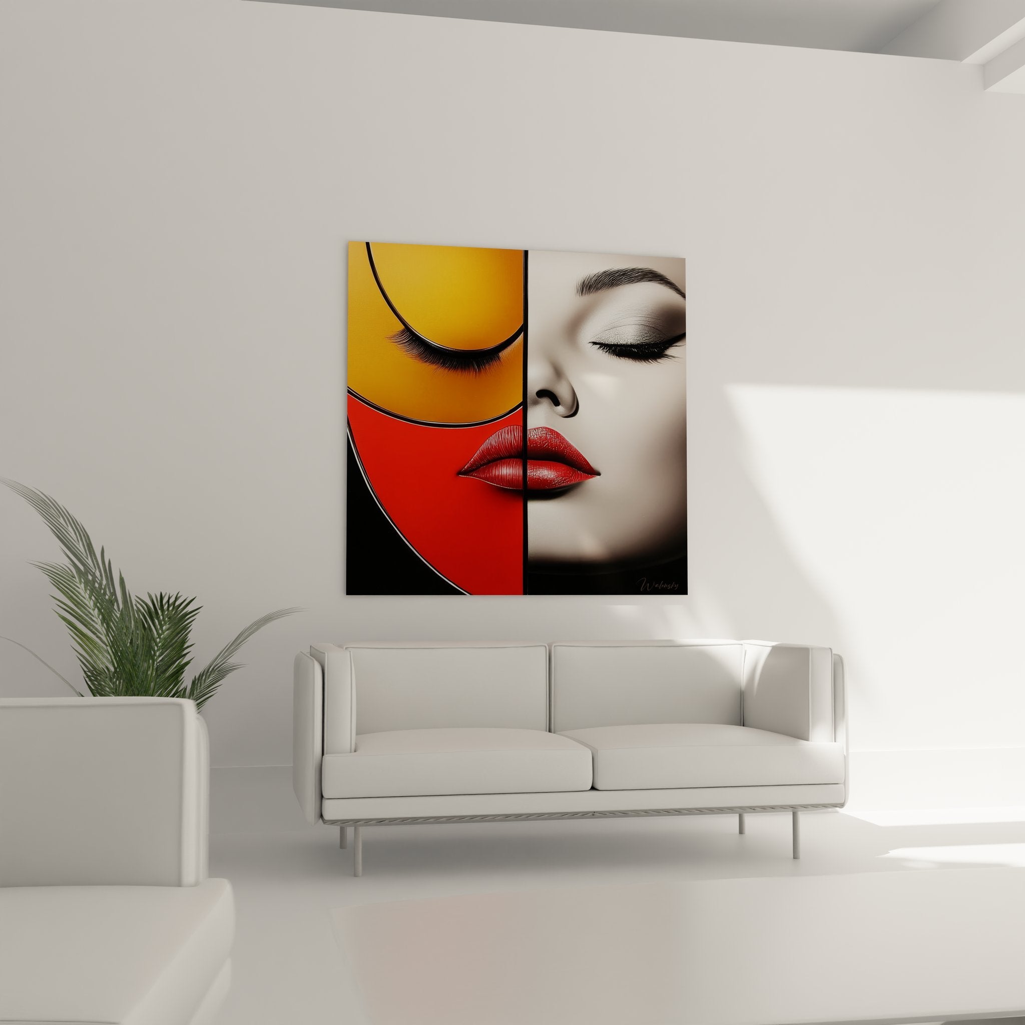 Gros plan détail tableau figuratif abstrait visage féminin lèvres rouges art moderne mural