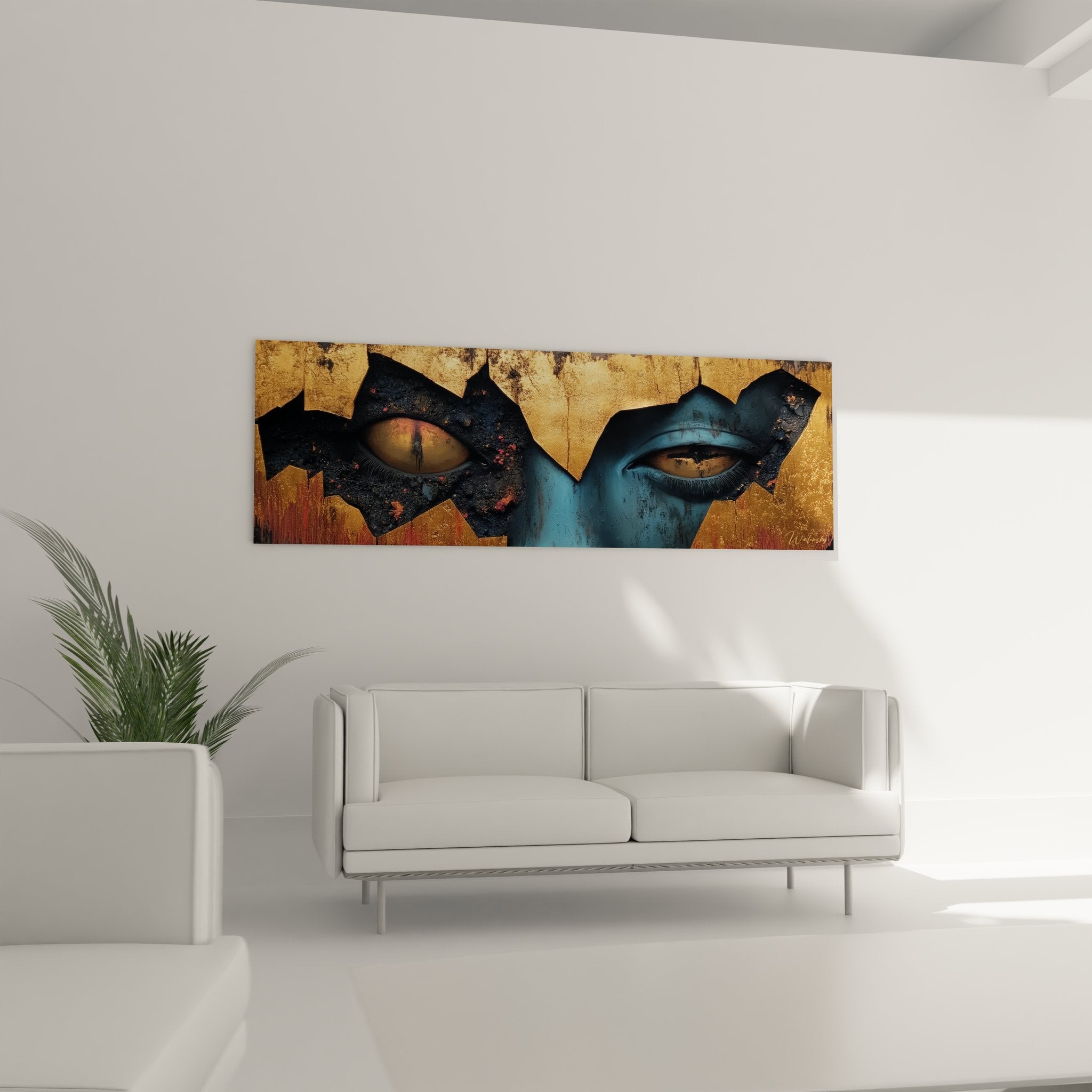 Détail gros plan tableau figuratif abstrait yeux masqués, textures dorées et bleu métallique