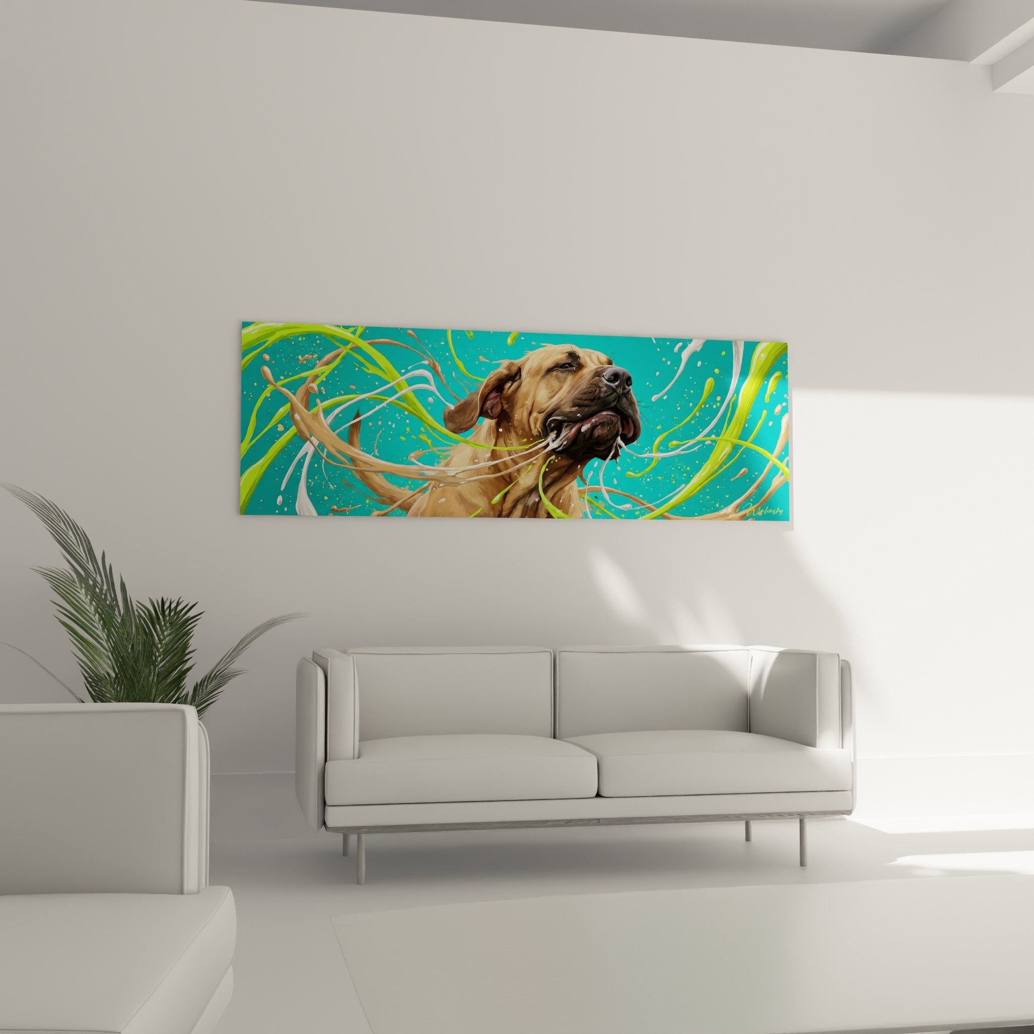 Détail rapproché tableau Fila Brasileiro, pelage fauve et arrière-plan turquoise, technique picturale moderne