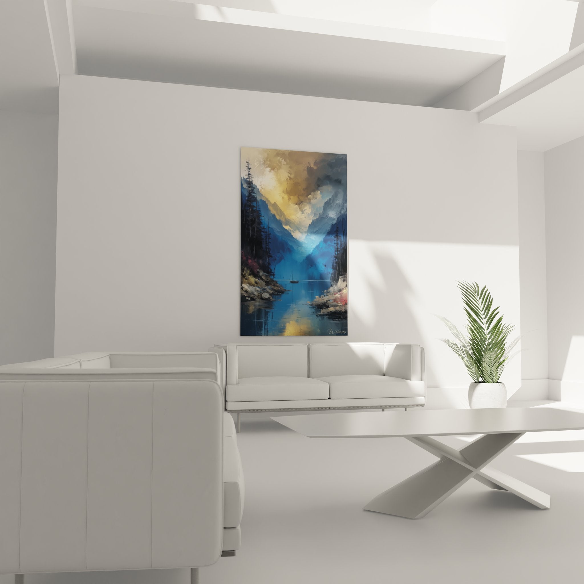 Détail gros plan tableau fjord coucher soleil reflets dorés eau voilier solitaire montagnes escarpées