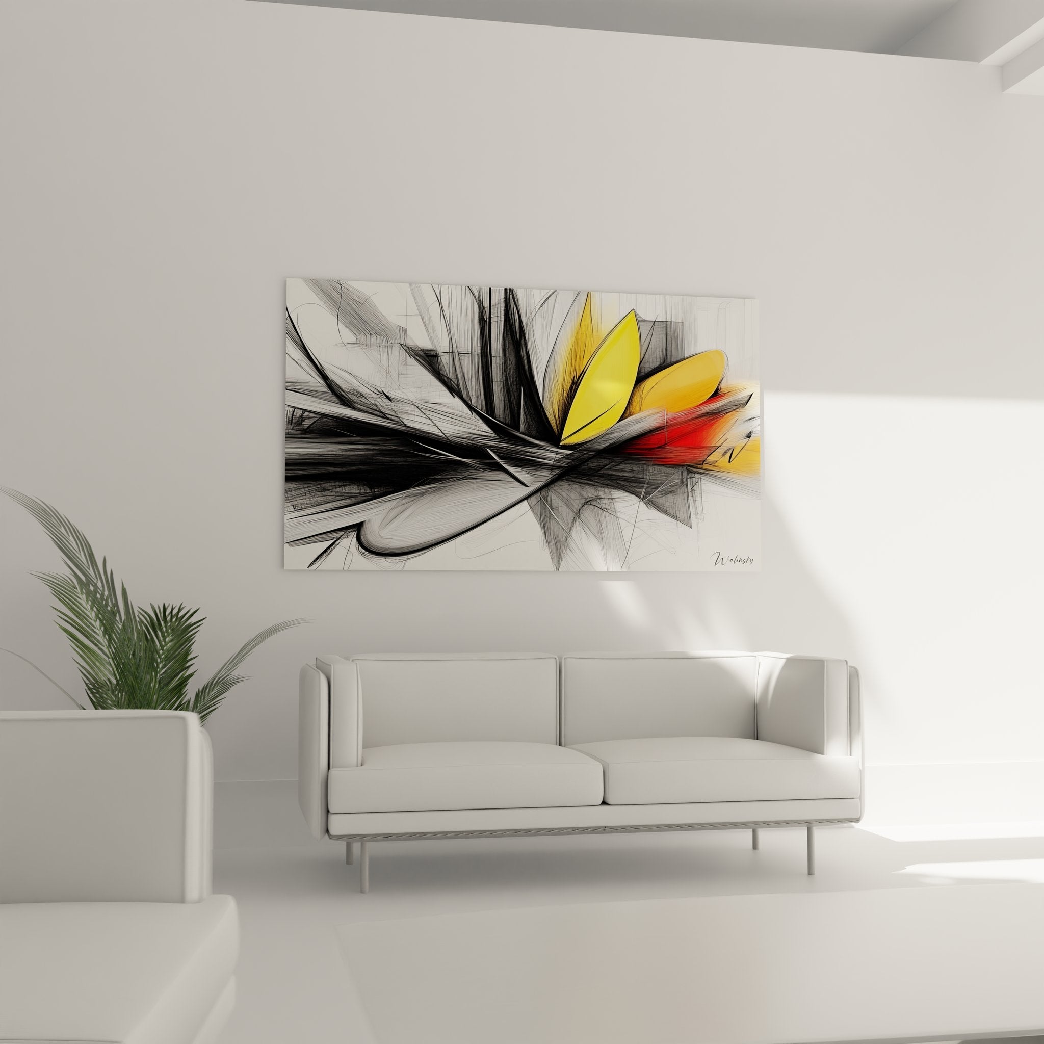 Détail tableau fleur abstraite montrant traits dynamiques et nuances dorées sur fond graphique moderne