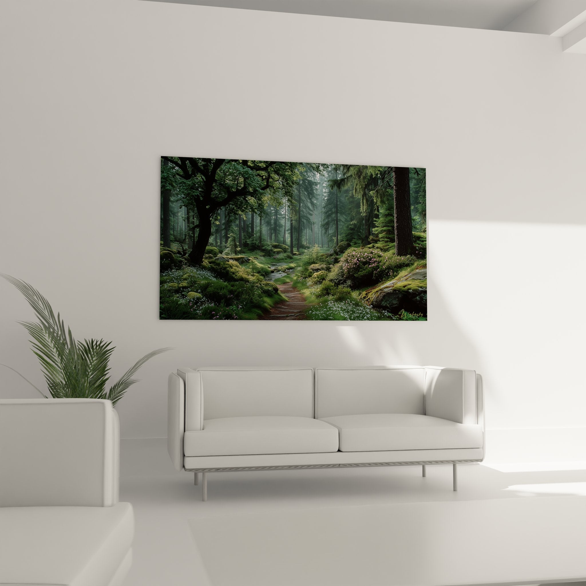 Gros plan tableau forestier montrant détails mousse, fougères et lumière tamisée entre arbres