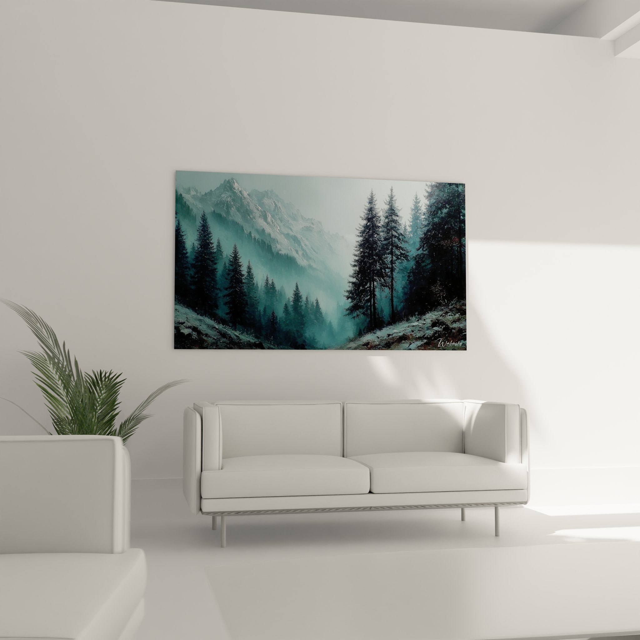 Détail tableau forêt alpine avec brouillard et conifères, art mural haute qualité