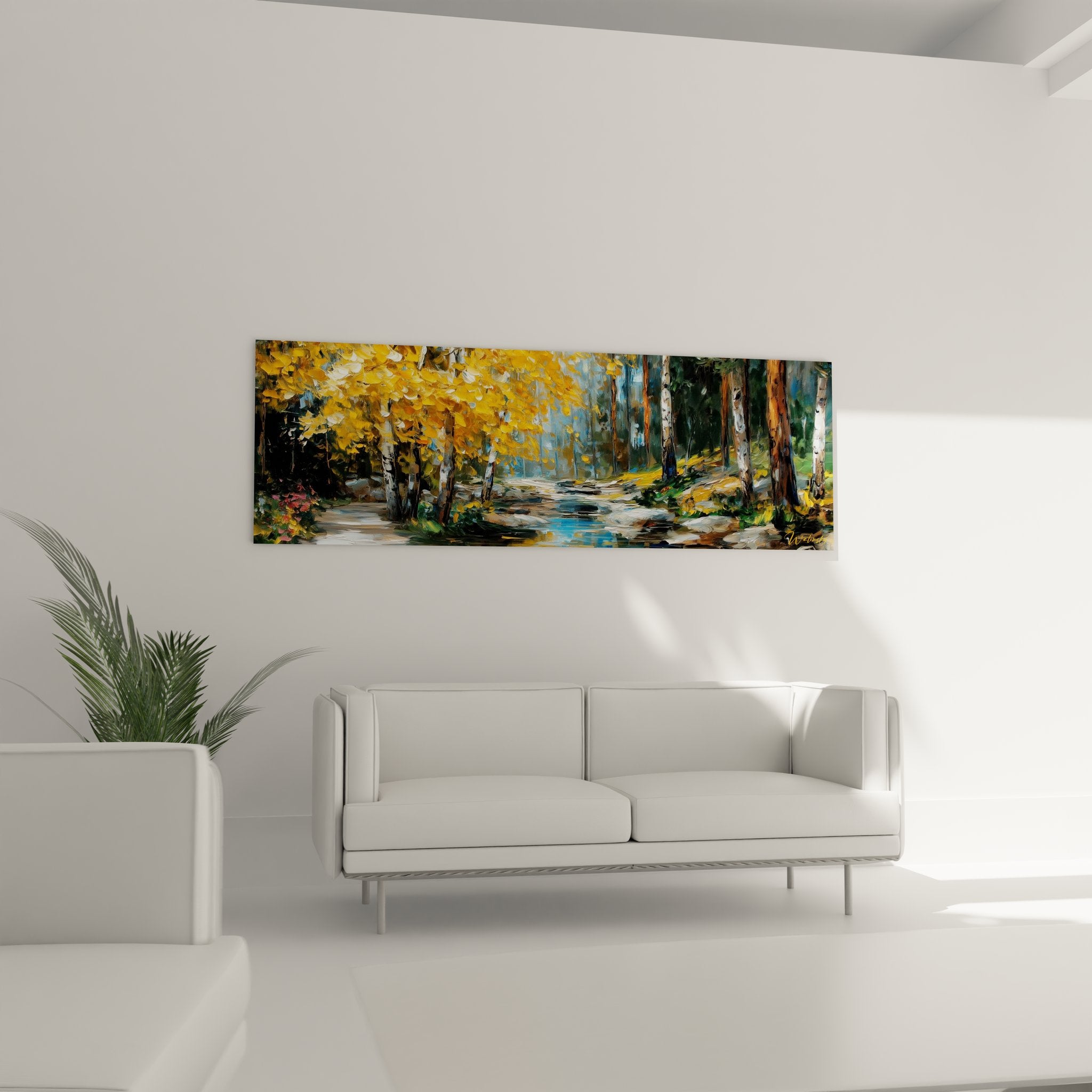 Détail gros plan tableau forêt automnale, technique pinceau et couleurs dorées