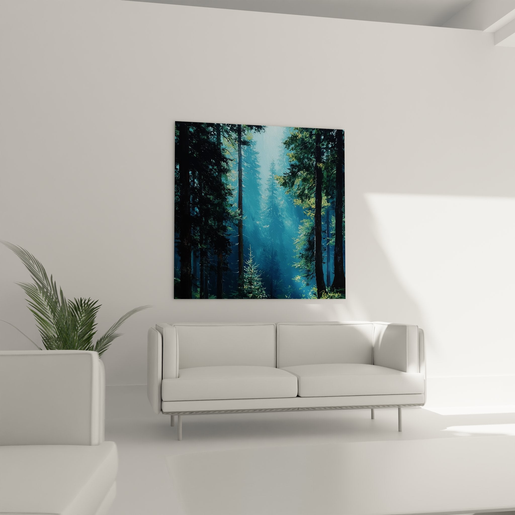 Détail tableau forêt conifères texture peinture lumière mystique art mural nature