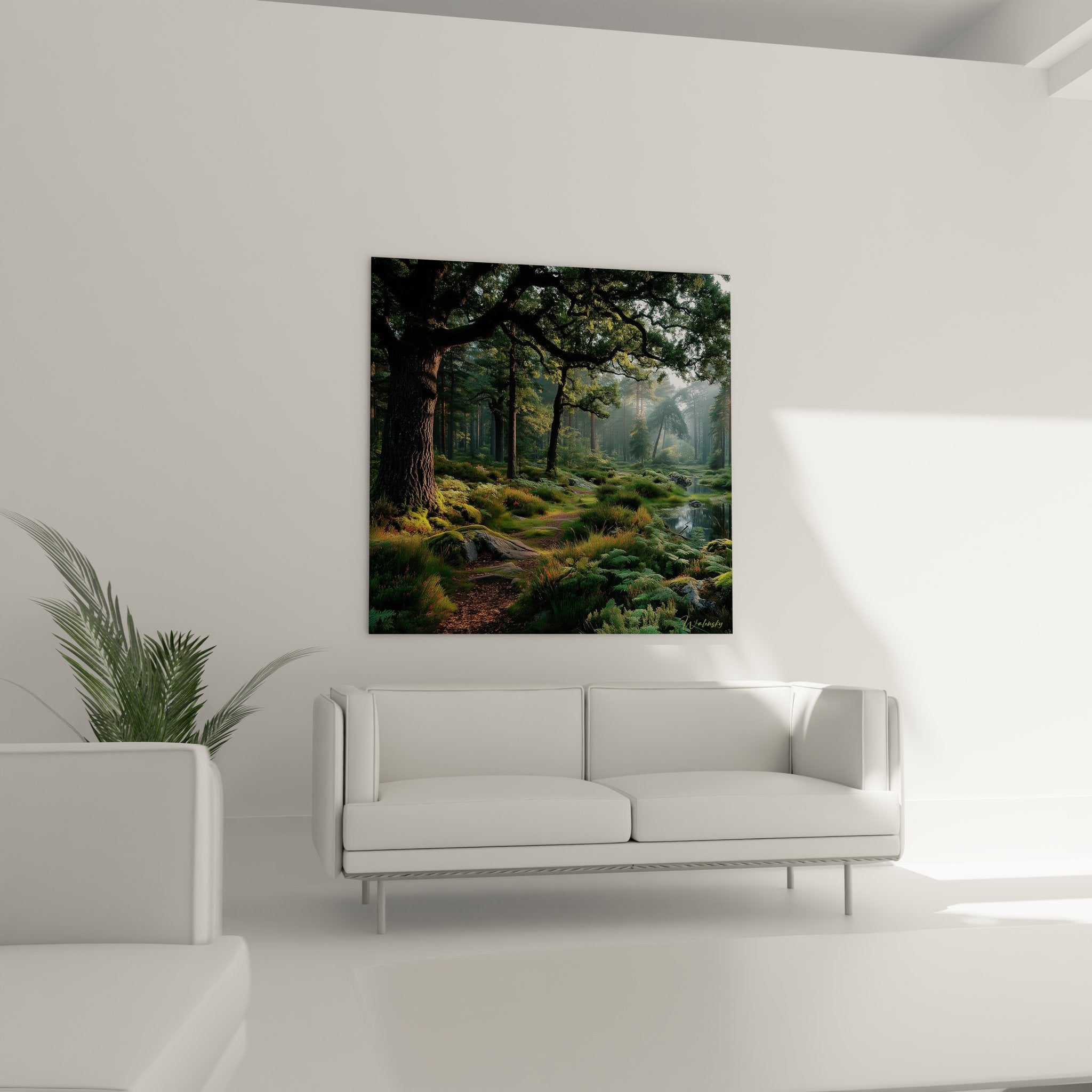 Détail tableau forêt : mousse verdoyante, fougères et lumière filtrée dans paysage forestier mystique