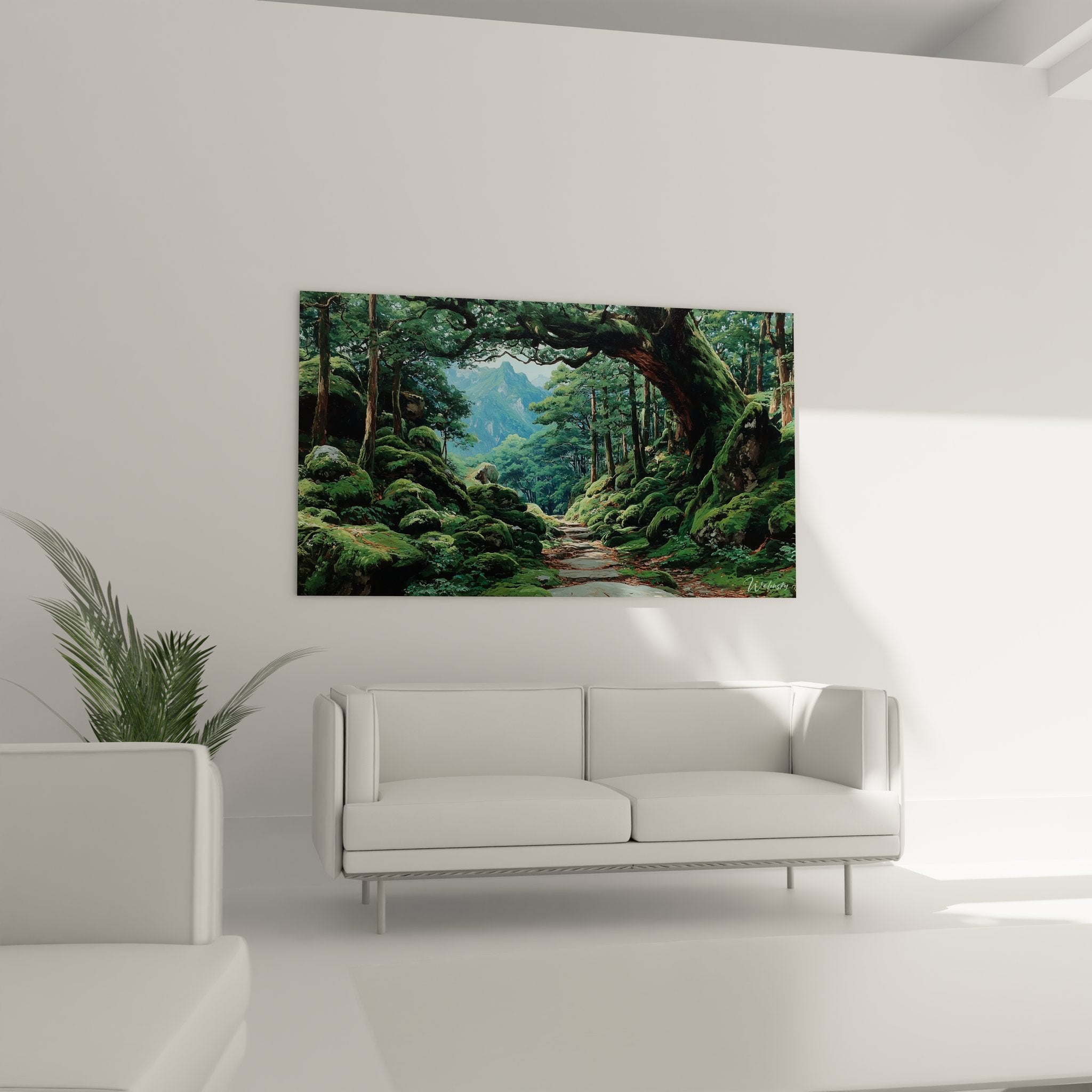 Détail tableau forêt mystique montrant mousse sur rochers et végétation luxuriante