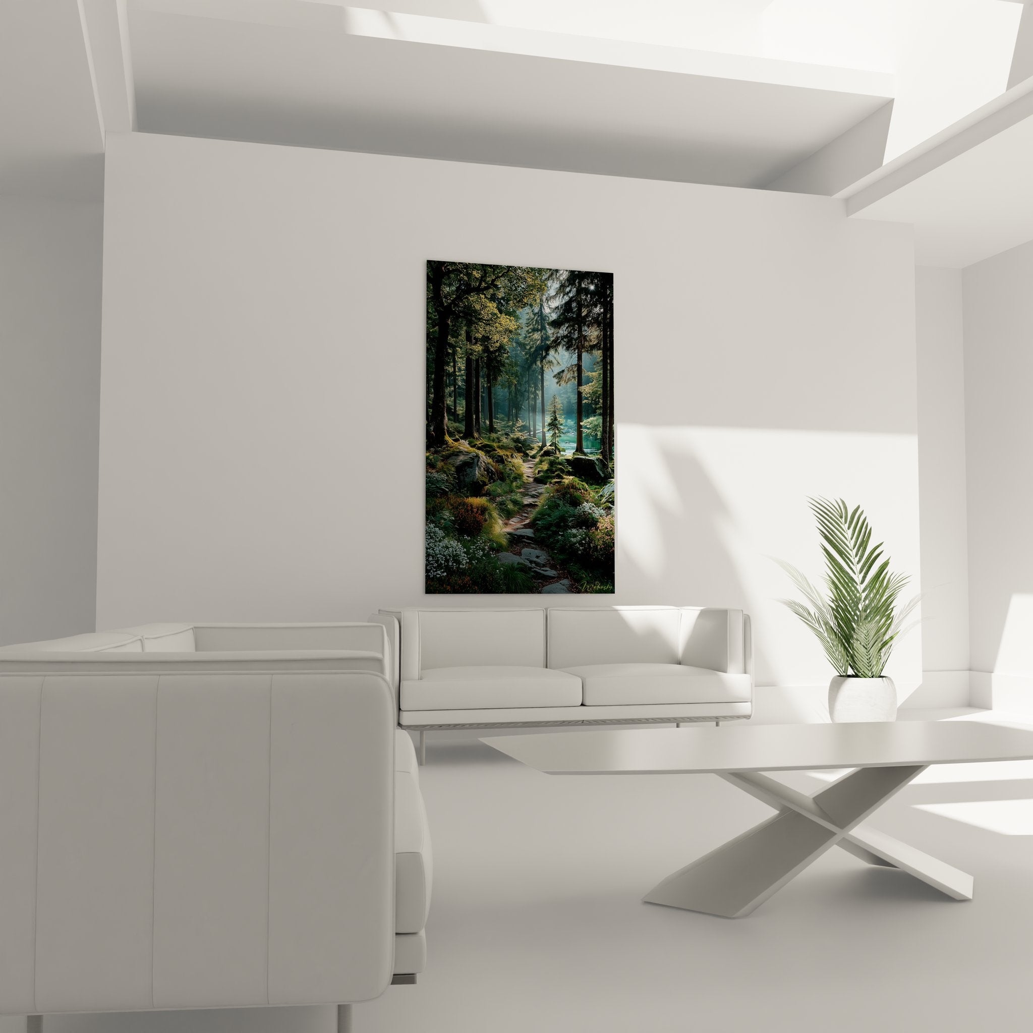 Détail tableau forêt montrant mousses verdoyantes sur rochers et jeux de lumière naturelle
