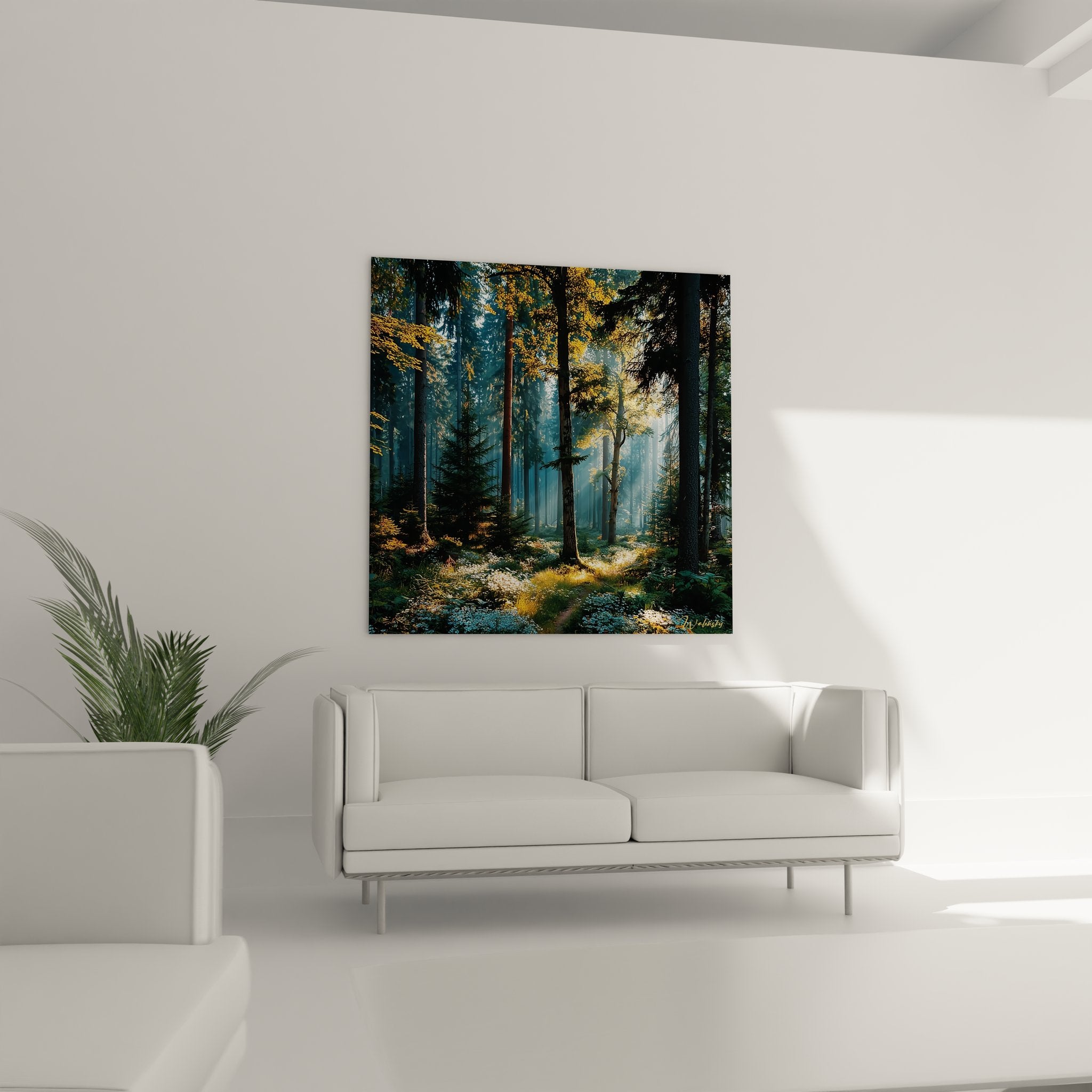 Détail tableau forêt mystique montrant rayons soleil illuminant feuillage doré et mousse forestière