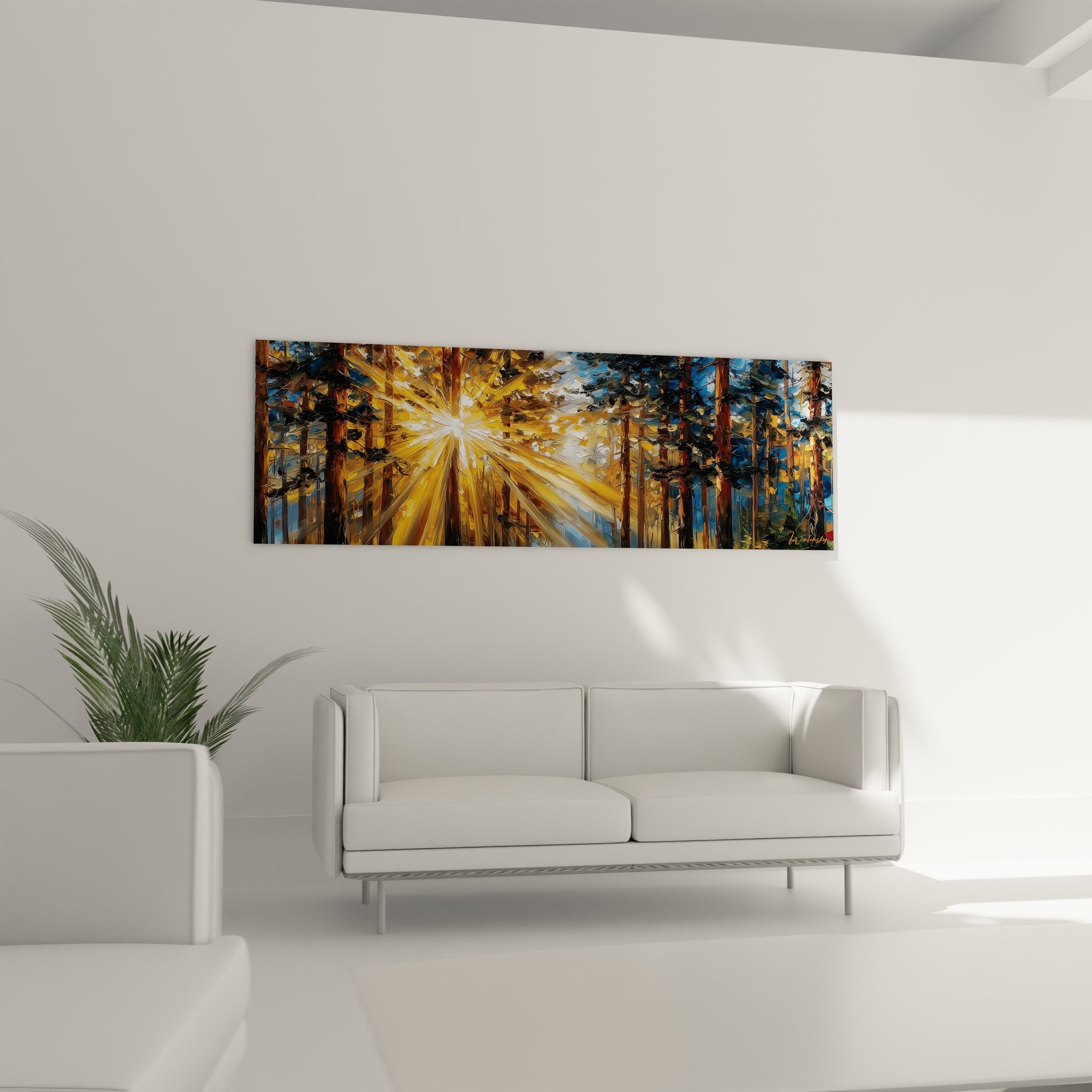 Détail gros plan tableau forêt montrant technique pinceau et couleurs dorées