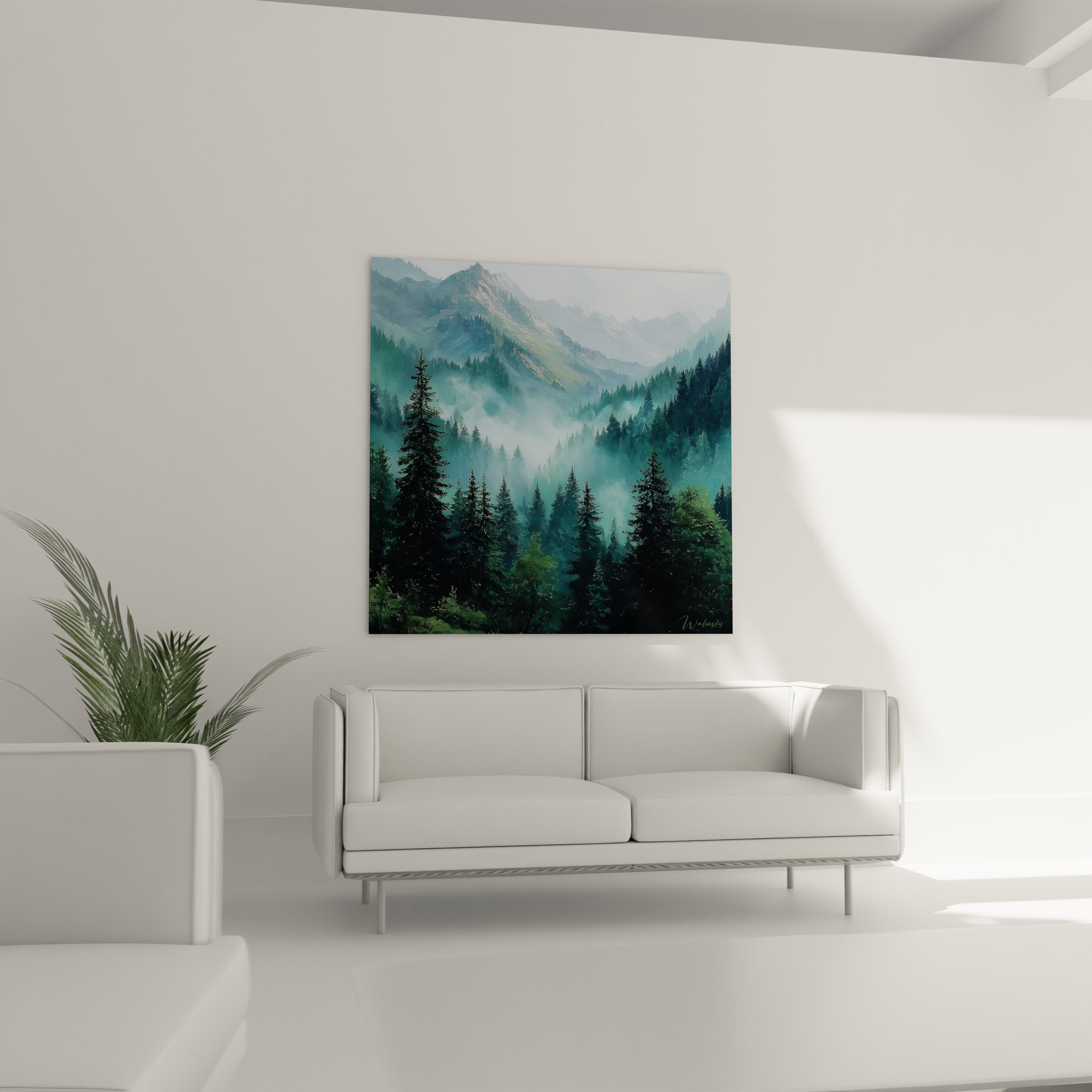 Détail rapproché tableau forêt mystérieuse sapins dans brume technique picturale réaliste