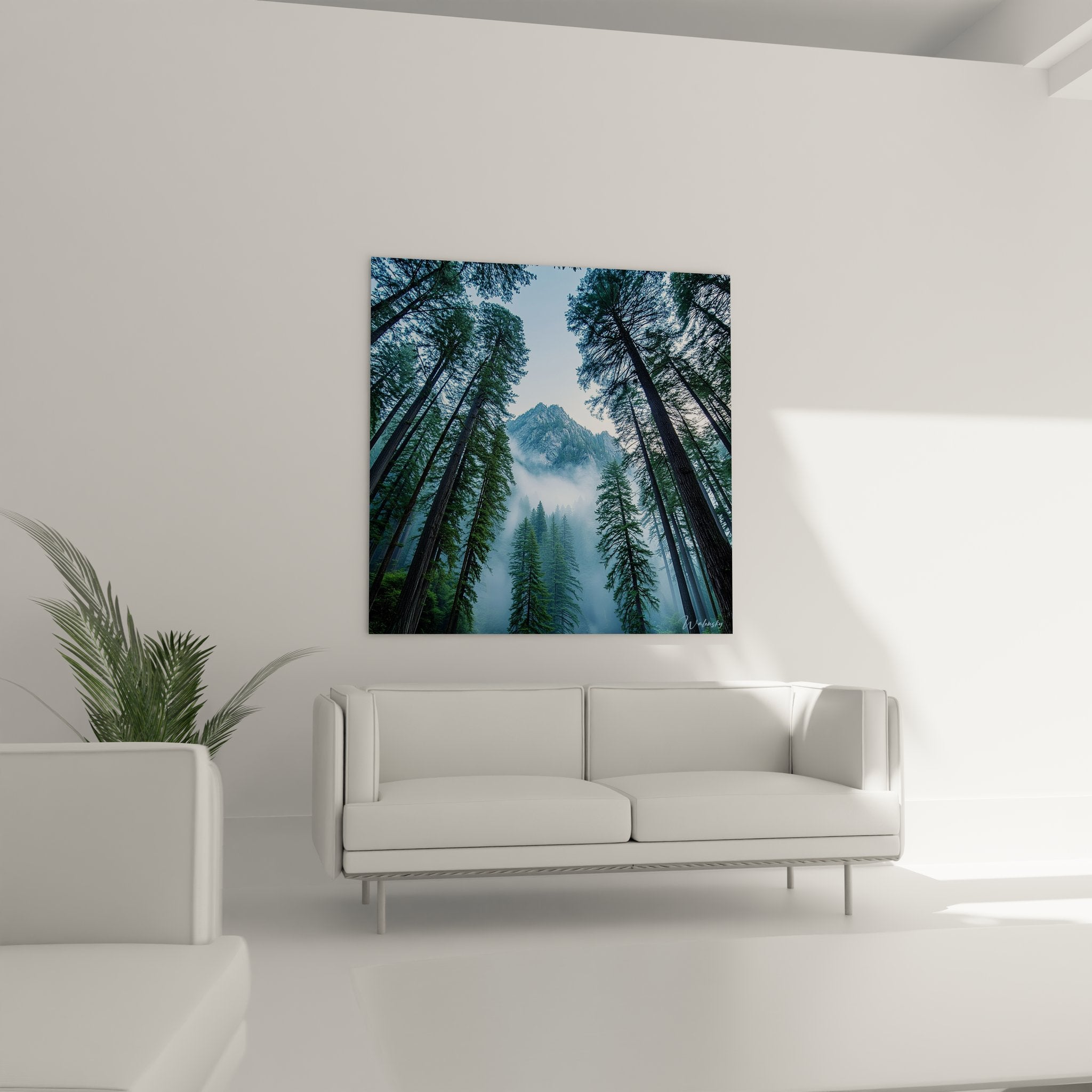 Détail tableau forêt séquoias géants, texture écorce et brume montagnarde