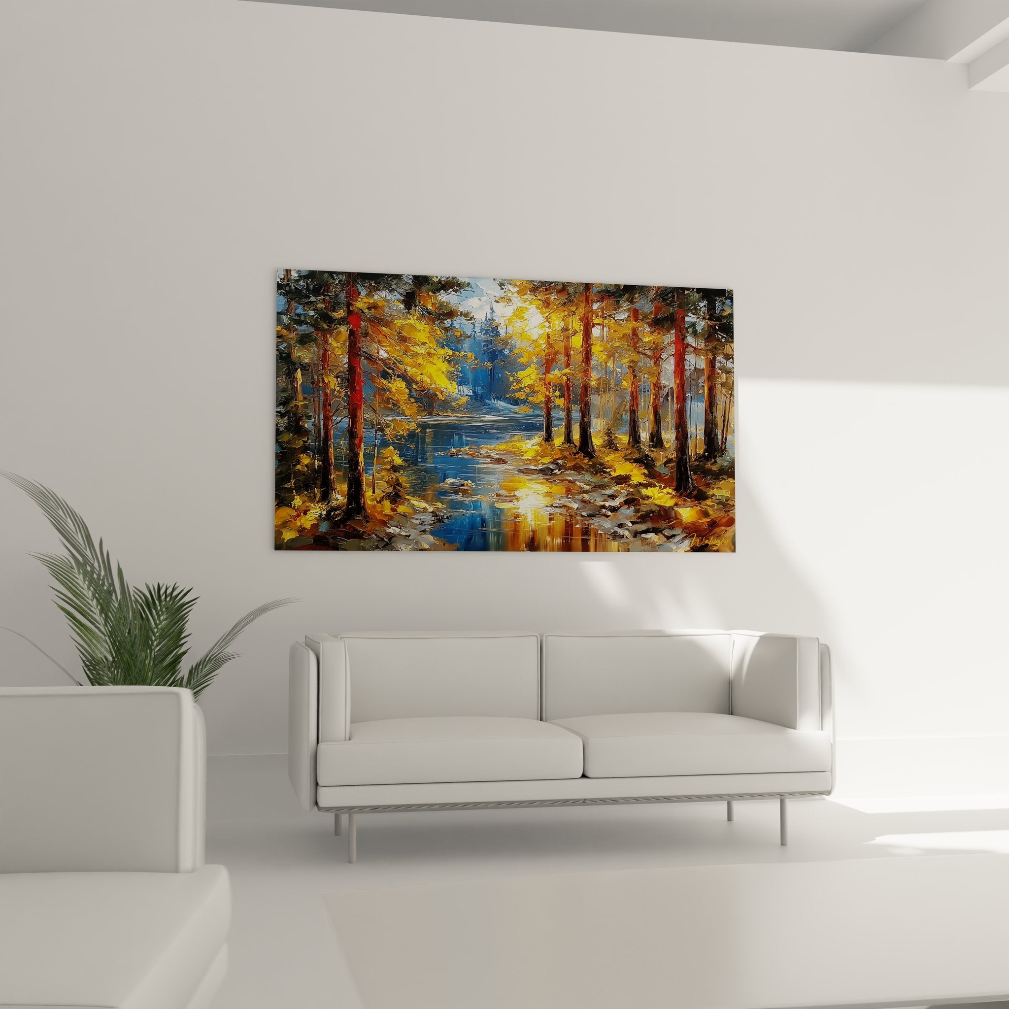Détail gros plan tableau forêt technique impressionniste empâtements couleurs chaudes automnales