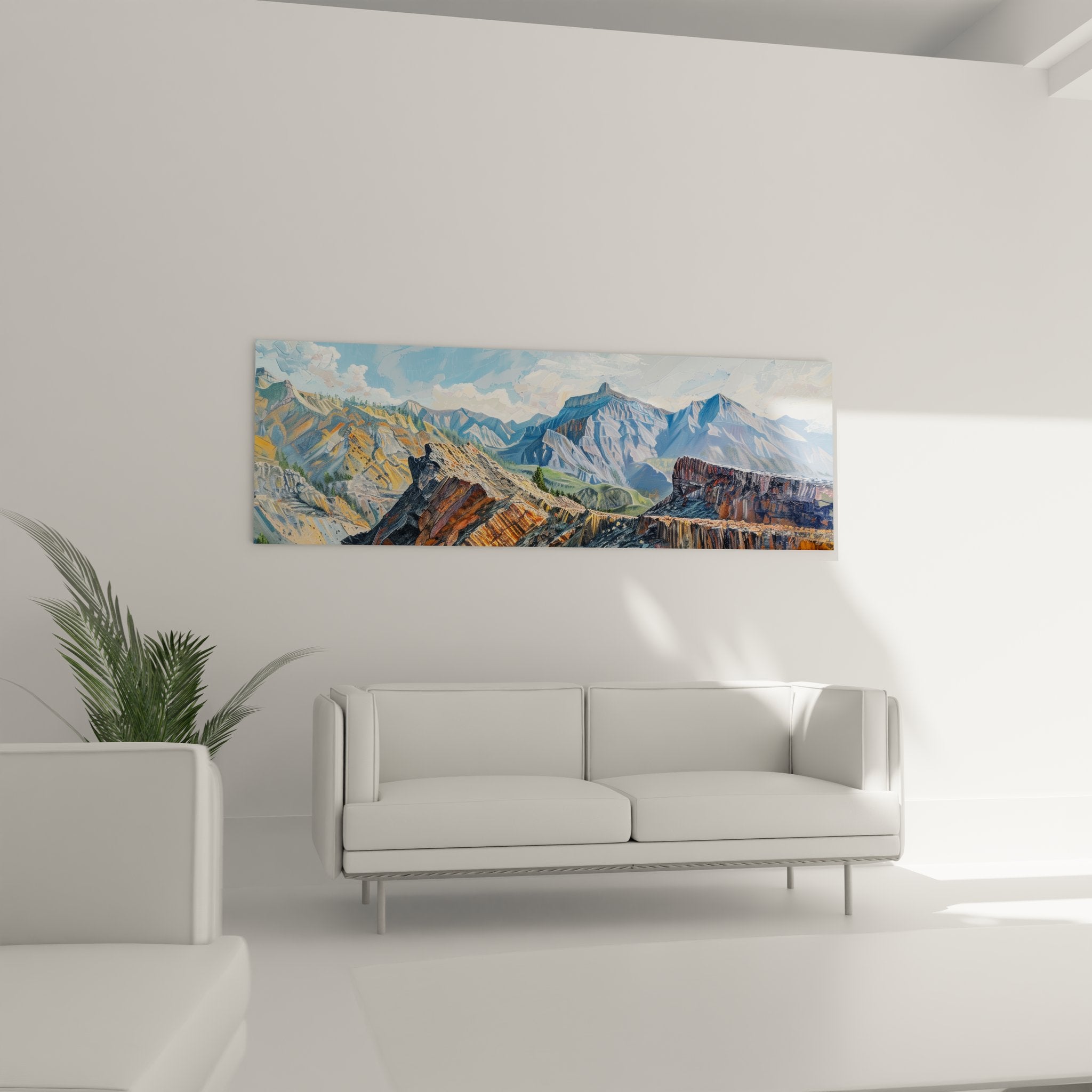 Détail tableau paysage montagneux montrant strates rocheuses et reliefs géologiques