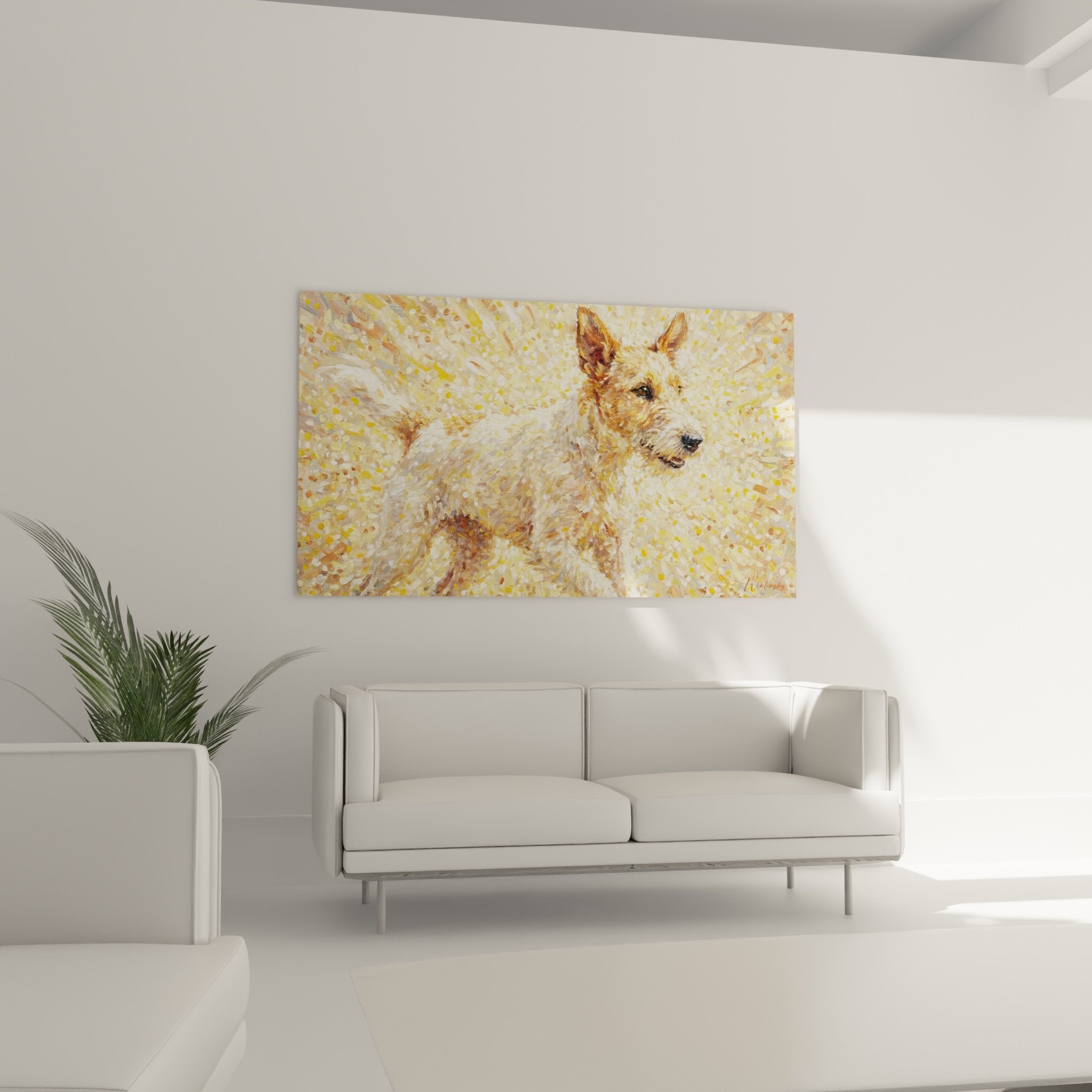 Détail du tableau fox terrier montrant la technique impressionniste et les éclats dorés