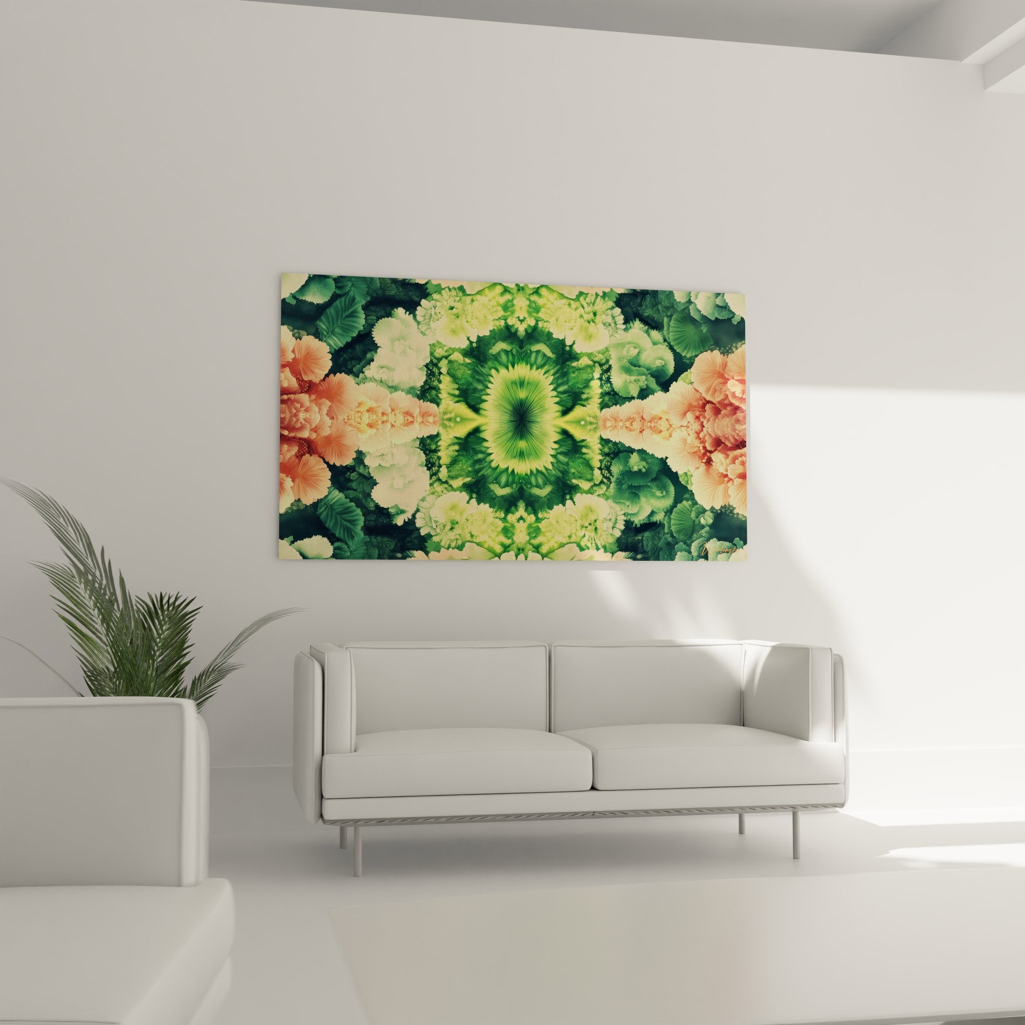 Détail gros plan tableau fractale montrant hibiscus et feuillages en motifs géométriques répétés